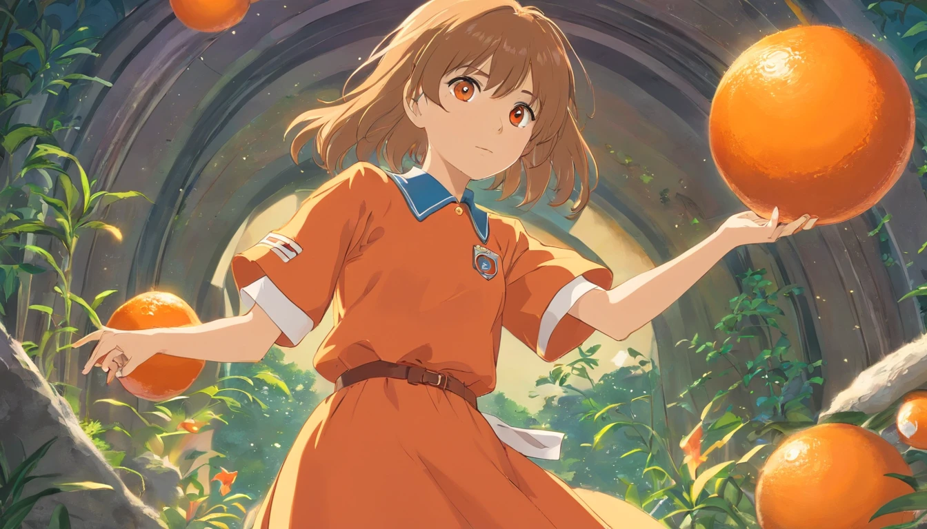 chico vestido de uniforme, con un orbe naranja en la mano, con cara de asombro
