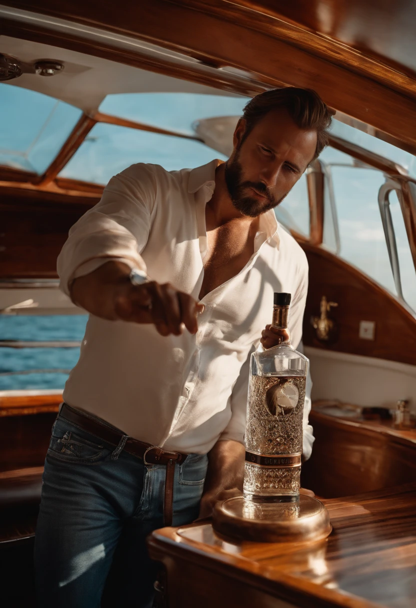 homme sur un yacht, bouteille de vodka a la main, torse nu, gros ventre