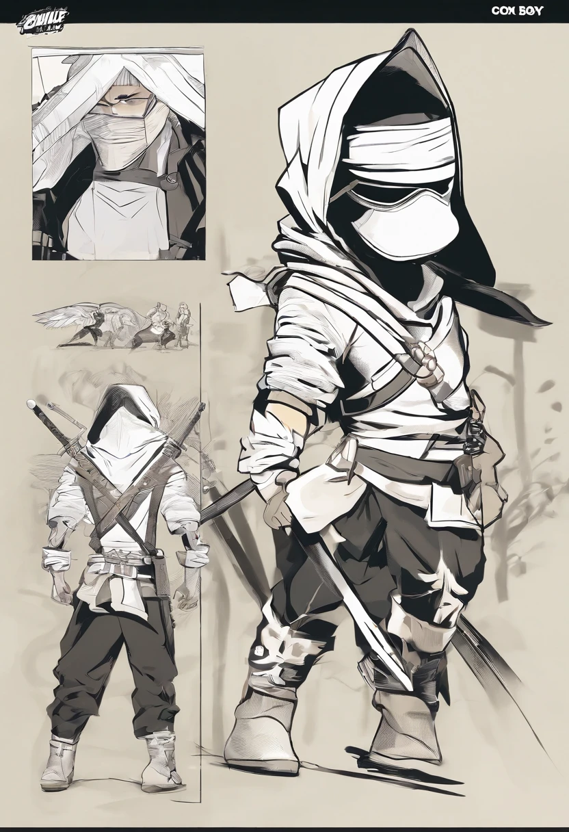 boy character model, poses and expressions from different angles with spacing between them, children's book illustration style, character sheet with white background, charming ninja in black clothes, balaclava, bandana and black boots