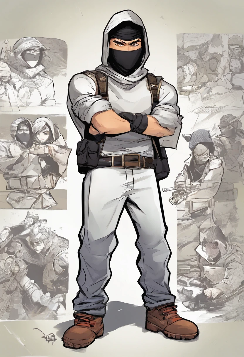 boy character model, poses and expressions from different angles with spacing between them, children's book illustration style, character sheet with white background, charming ninja in black clothes, balaclava, bandana and black boots