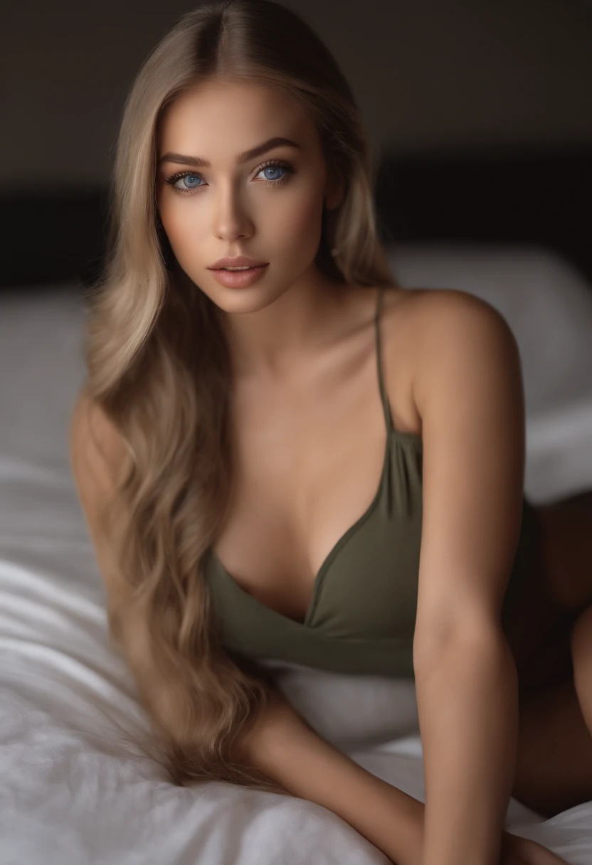 arafed woman fully , sexy girl with blue eyes, ultra realistic, meticulously detailed, portrait sophie mudd, blonde hair and large eyes, selfie of a young woman, bedroom eyes, violet myers, without makeup, natural makeup, looking directly at the camera, face with artgram, subtle makeup, stunning full body shot kneeling on bed, in bedroom, medium to large size bust