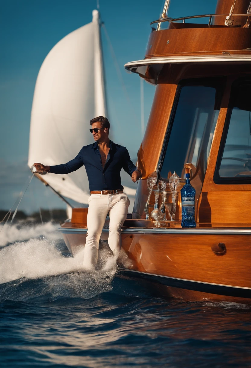 homme sur un yacht, bouteille de vodka dans la main