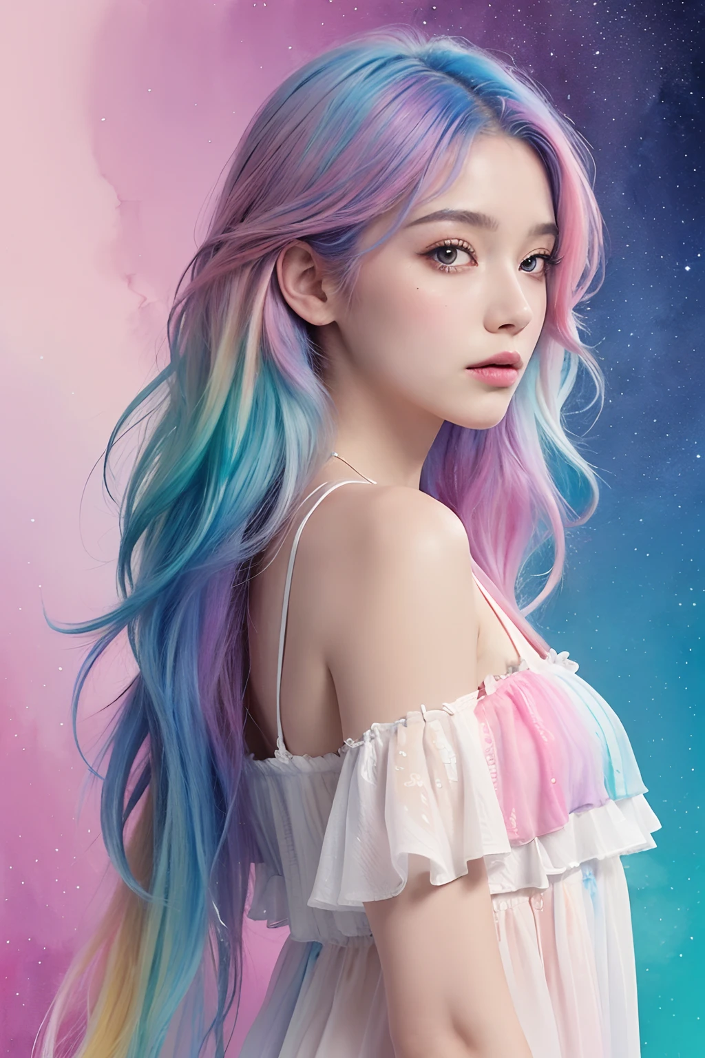 (masterpiece, top quality, best quality,watercolor (medium),official art, beautiful and aesthetic:1.2),(1girl:1.3), (fractal art:1.3),upper body, from side, looking at viewer,patterns,(rainbow color Hair,colorful hair,half blue and half pink hair:1.2),water,liquid, cloud,colorful, starry,stars,