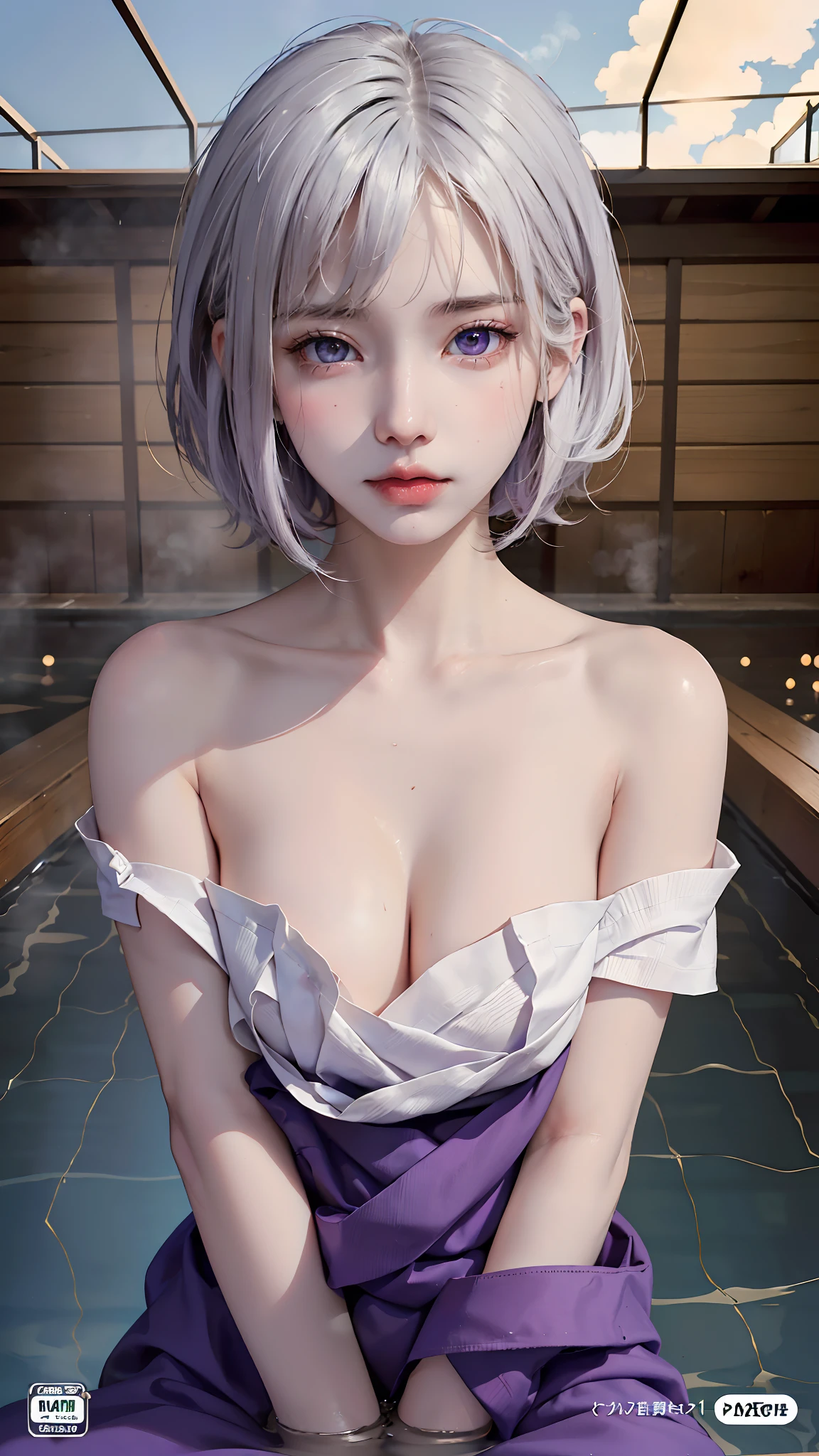 masterpiece, Best quality, 1girl in, (a beauty girl, rpgmaker:1.2), (16 years old:1.2), Very fine eye clarity, (Symmetrical eyes:1.3), (nsfw:1.5), (Onsen, , Cover the body with steam:1.3), (large breasts: 1.2), cleavage, white hair, bob cut, purple eyes