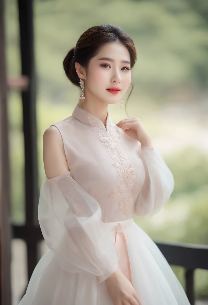gentle and charming Chinese beautiful woman, Half-length photo, Delicate and sexy collarbone, charming oval face, Double eyelids, Bright peach blossom eyes, Pink lips, small nose, Bare shoulders, Focused face, Face Close-up, The ultra -The high-definition, Super Details, Elegant standing position, Korean Style Puff Sleeve Square Color Slim Short Shirt, Match with a high-waisted light-colored jeans suit