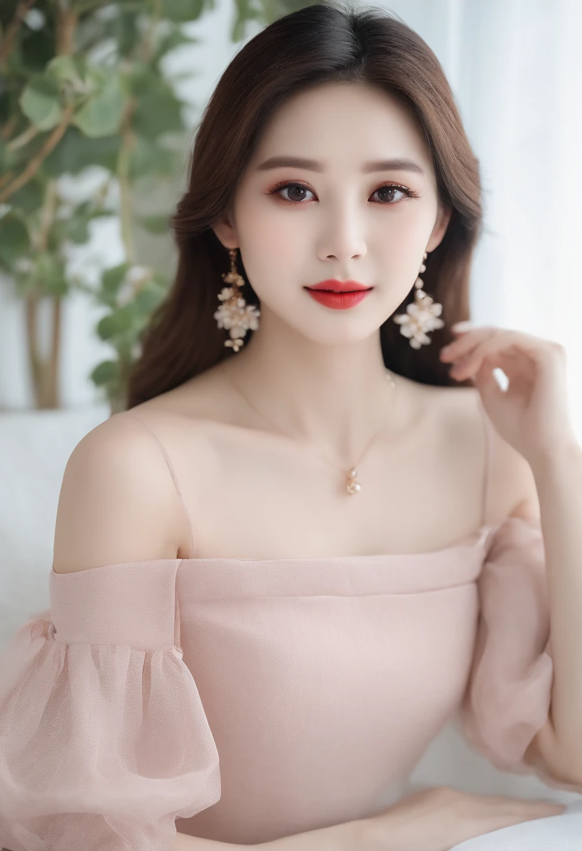 gentle and charming Chinese beautiful woman, Half-length photo, Delicate and sexy collarbone, charming oval face, Double eyelids, Bright peach blossom eyes, Pink lips, small nose, Bare shoulders, Focused face, Face Close-up, The ultra -The high-definition, Super Details, Elegant standing position, Korean Style Puff Sleeve Square Color Slim Short Shirt, Match with a high-waisted light-colored jeans suit