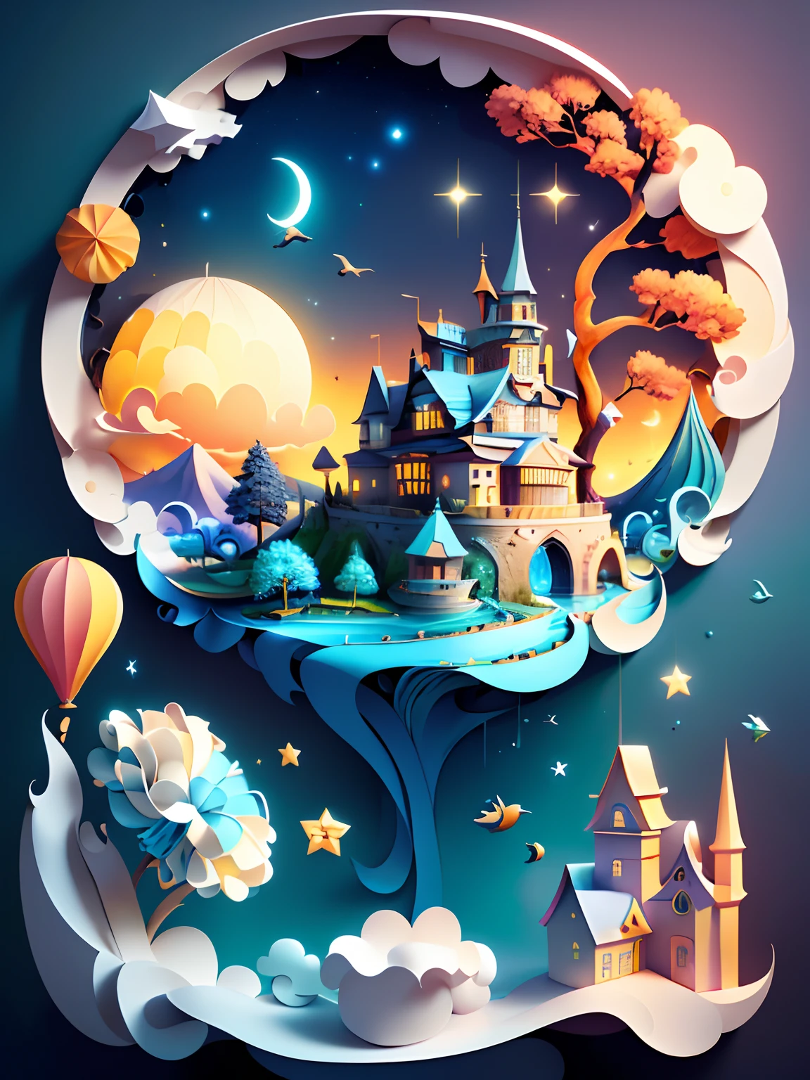(((masterpiece))),best quality, illustration, sky, cloud, water, star \(symbol\), tree, no humans, night, bird, moon, building, star \(sky\), night sky, scenery, starry sky, watercraft, castle, ship, waves, tower, boat. vibrant color scheme, Soft light,(warm color:1.2),Water color painting, light background, best quality exquisite details,3d rendering,Octane render, pastel, paper_cut