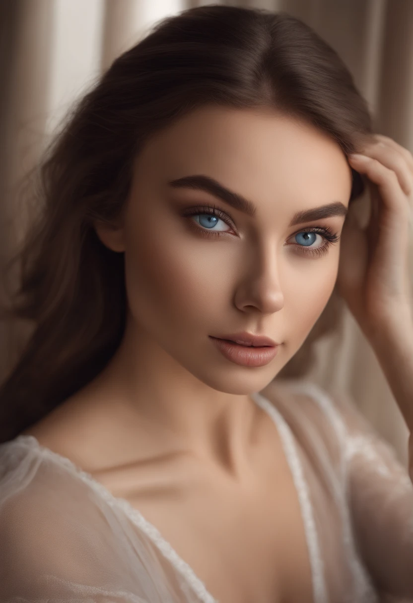 arafed woman fully , sexy girl with blue eyes, ultra realistic, meticulously detailed, portrait sophie mudd, brunette hair and large eyes, selfie of a young woman, bedroom eyes, violet myers, without makeup, natural makeup, looking directly at the camera, face with artgram, subtle makeup, stunning full body shot kneeling on bed, in bedroom, medium to large size bust