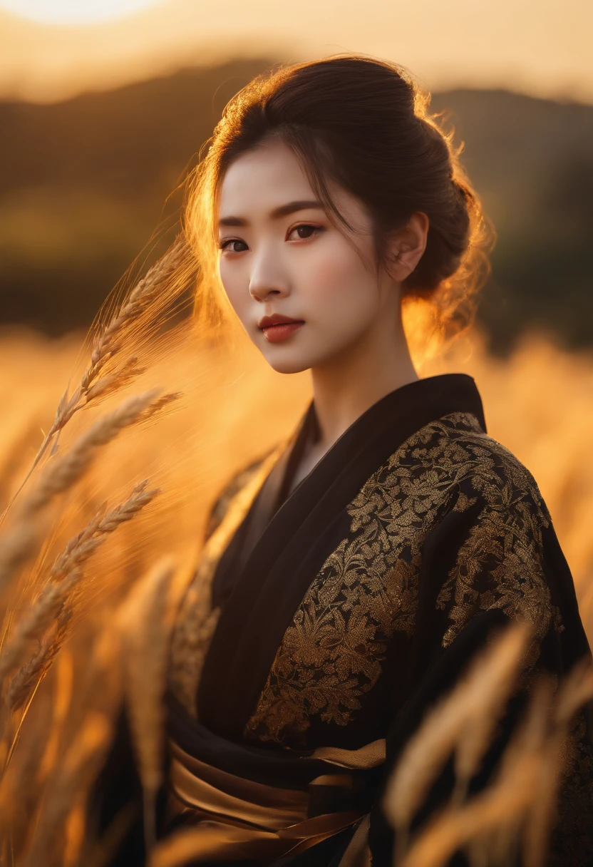 A girl in a fuzzy kimono、Standing in a wheat field stuck up to the waist, Black kimono with gold rimming, Her hair is tied up in a ponytail, Yellow eyes, The sunset is reflected in her eyes, Light hits her face, Half-landscape orientation to the camera