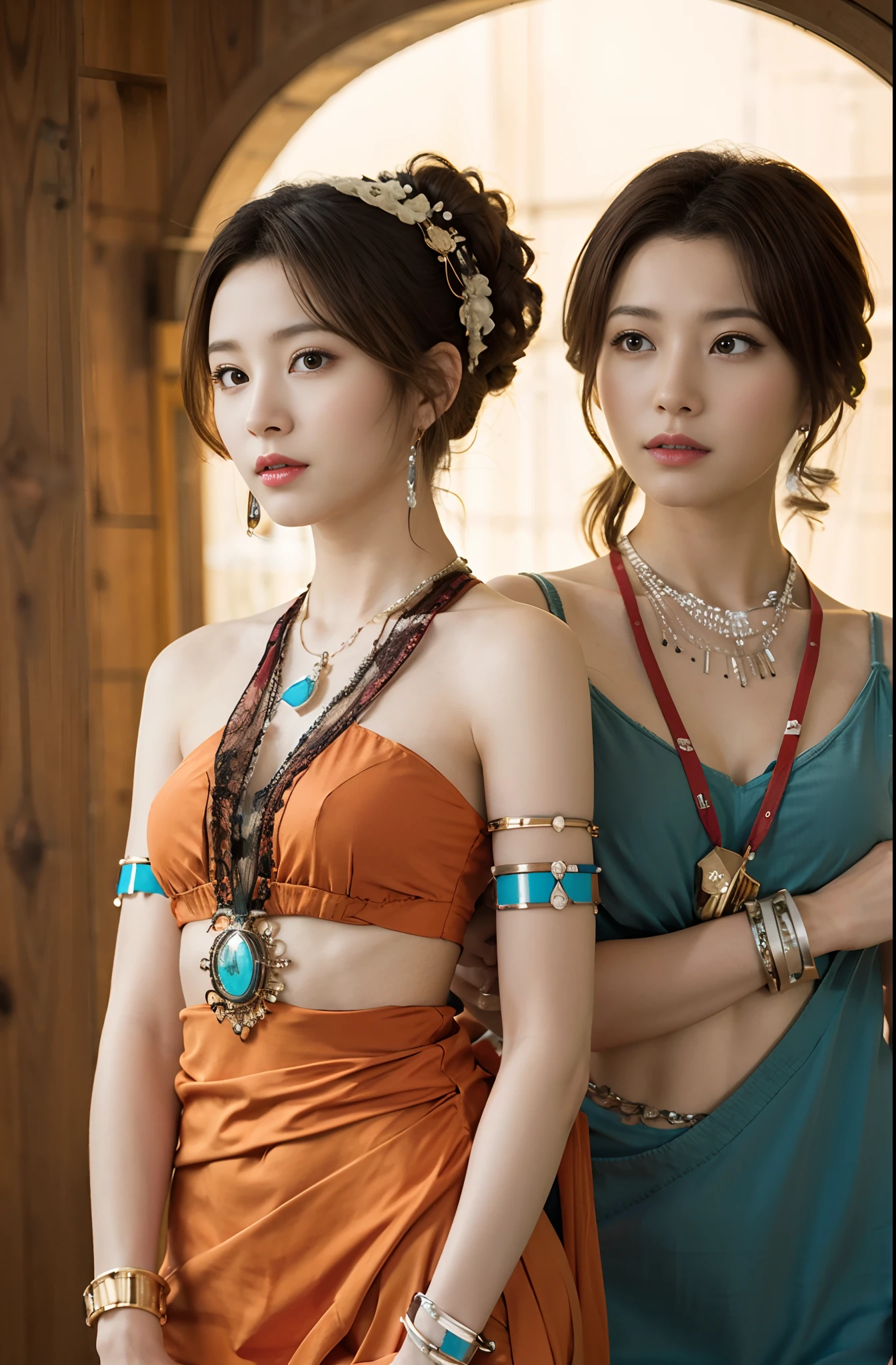 The proportions are the same for all races, All faces and pictures must be different,(8K、NFFSW、A high resolution)、((((A picture、RAW photography、Hyper-realism、tmasterpiece、top-quality、超A high resolution))))、(Pin Light、back Lighting、back Lighting、ciinematic light)、foco nítido:1。4、(Hyper-detailing、finedetail)、cow boy shot、 2girls
