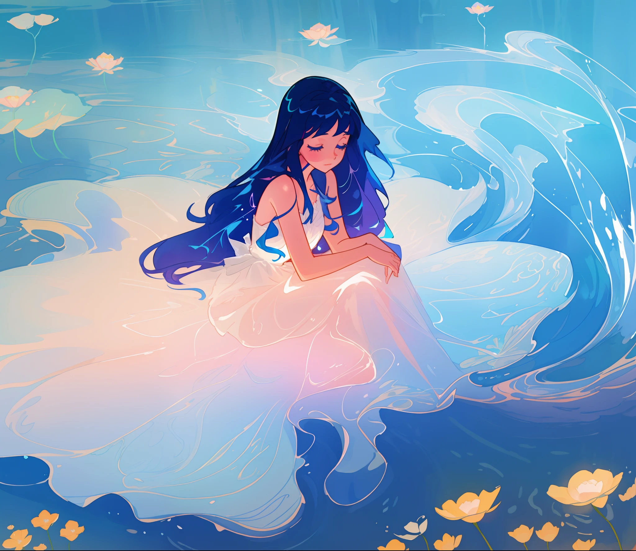 beautiful girl in white dress made of seafoam, long dark hair, beautiful girl sitting in the water, dress made of liquid, water nymph, water fairy, watercolor illustration, inspired by Glen Keane, inspired by Lois van Baarle, disney art style, by Lois van Baarle, glowing aura around her, by Glen Keane, jen bartel, glowing lights! digital painting, flowing glowing hair, glowing flowing hair, beautiful digital illustration, fantasia otherworldly landscape plants flowers, beautiful, masterpiece, best quality, anime disney style