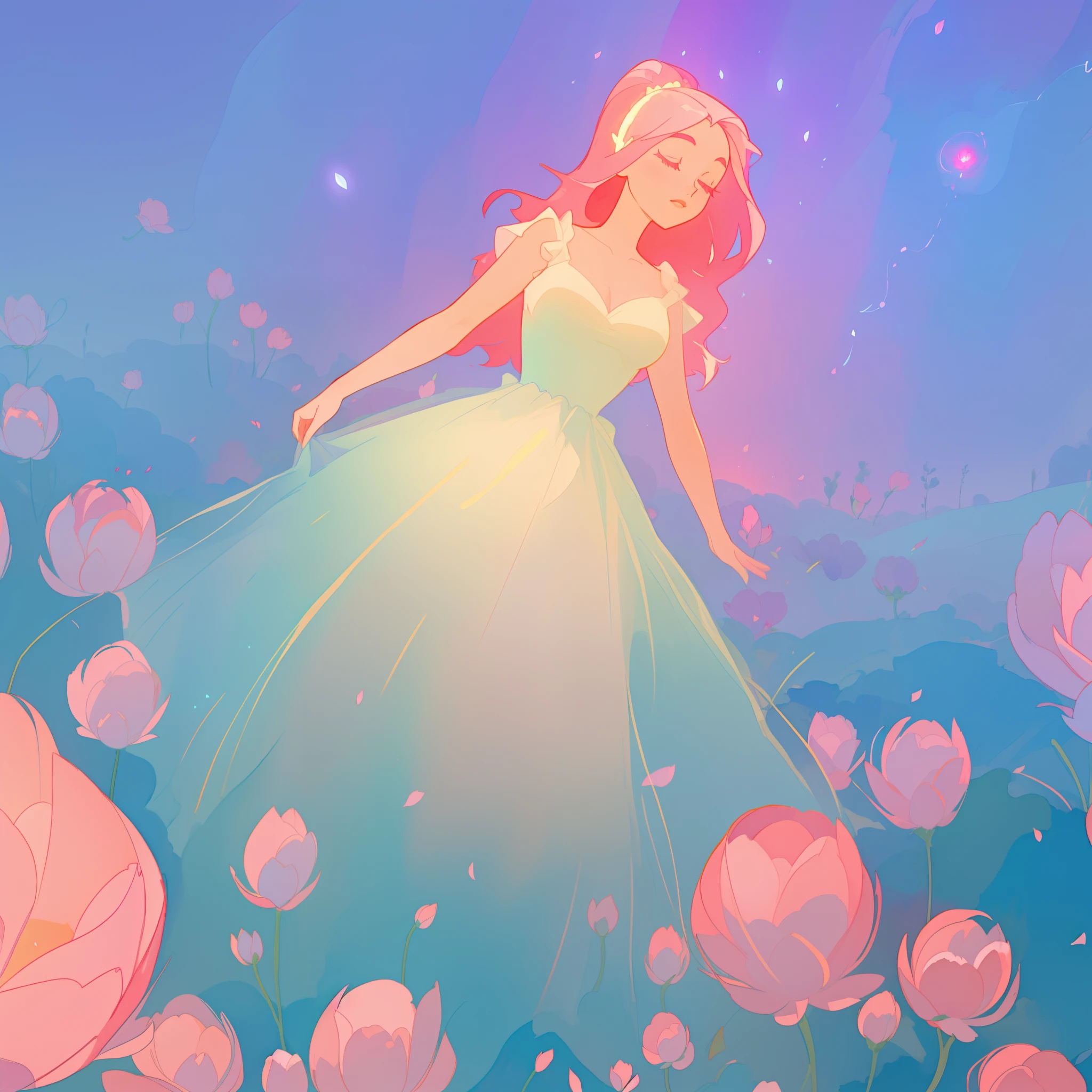 beautiful girl in puffy white ballgown, a field with circular pink red flowers, otherworldly flowers, glowing lights, whimsical landscape, long pink flowing hair, watercolor illustration, inspired by Glen Keane, inspired by Lois van Baarle, disney art style, by Lois van Baarle, glowing aura around her, by Glen Keane, jen bartel, glowing lights! digital painting, flowing glowing hair, glowing flowing hair, beautiful digital illustration, fantasia otherworldly landscape plants flowers, beautiful, masterpiece, best quality, anime disney style