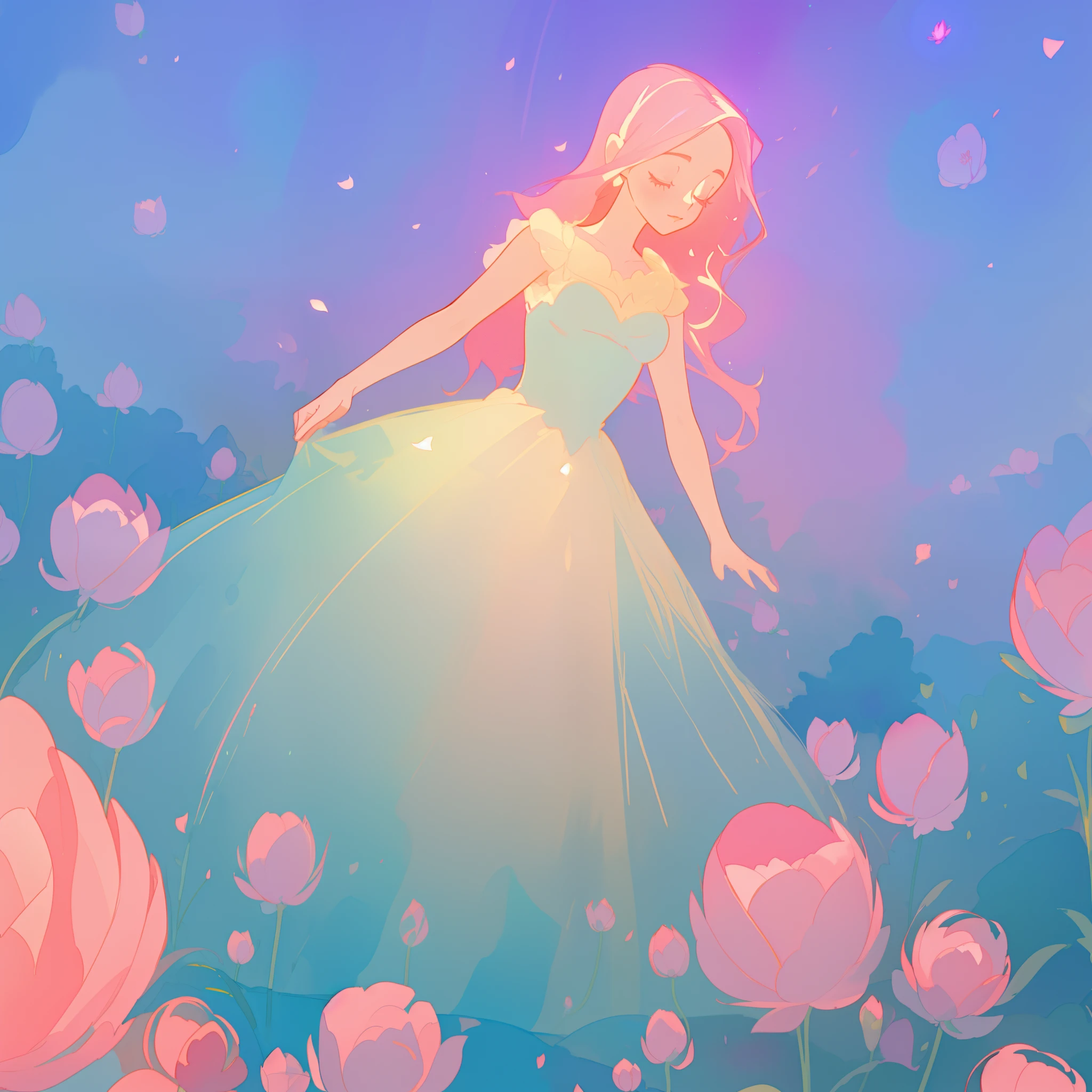 beautiful girl in puffy white ballgown, a field with circular pink red flowers, otherworldly flowers, glowing lights, whimsical landscape, long pink flowing hair, watercolor illustration, inspired by Glen Keane, inspired by Lois van Baarle, disney art style, by Lois van Baarle, glowing aura around her, by Glen Keane, jen bartel, glowing lights! digital painting, flowing glowing hair, glowing flowing hair, beautiful digital illustration, fantasia otherworldly landscape plants flowers, beautiful, masterpiece, best quality, anime disney style