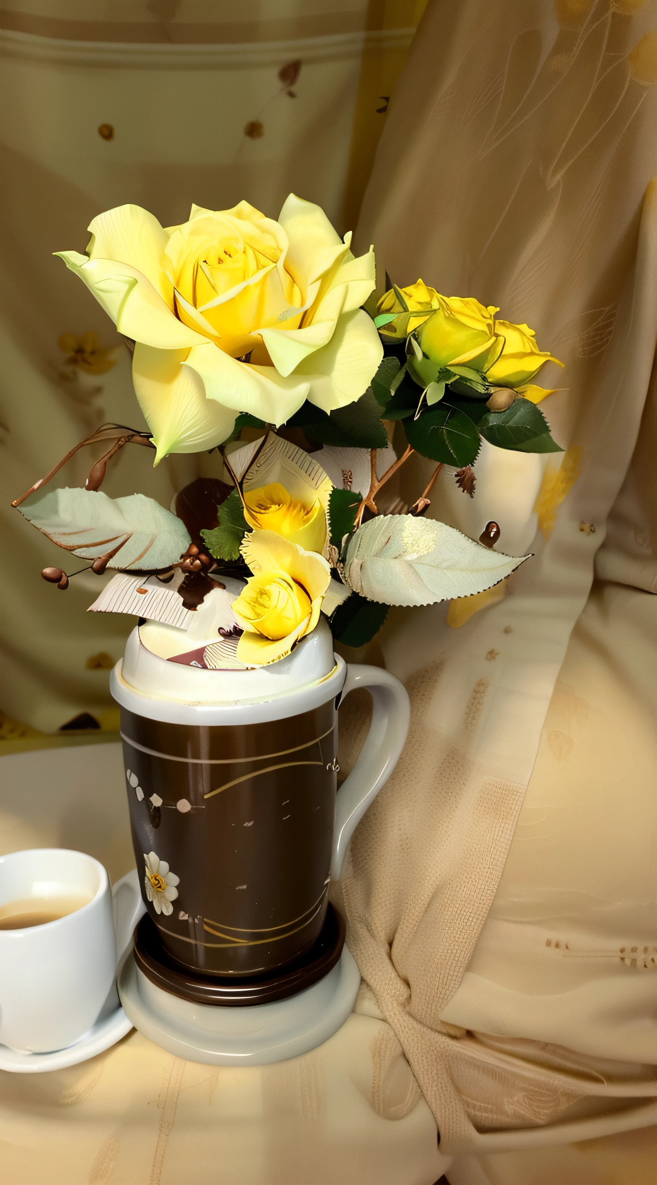 there is a yellow rose in a mug with a cup of coffee, very coherent image, immaculately detailed, vase with flowers, yellow rose, the sacred cup of understading, rosses, very very low quality picture, low quality photo, rosen maiden, rosa bonheurn, photo of a rose, unusual composition, very very low quality, decorated with flowers