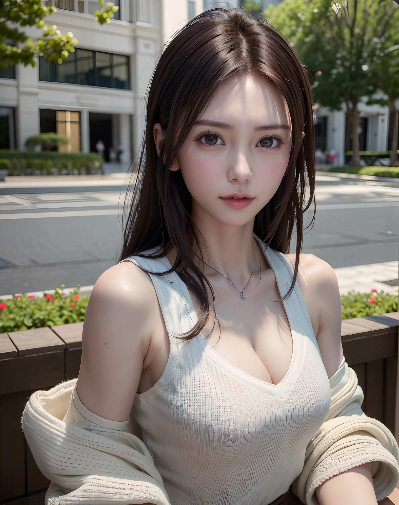 (logo, masterpiece, 8K, Tabletop, RAW Photos, wonderful, 最high quality, Photorealistic and very detailed CG composite 8k wallpaper, high quality, Very detailed, Narrative poem, Particle Effects, Dynamic Effects, Depth of the Boundary, Cinematic Light, Lens flare, Ray Tracing), short hair beautiful young woman, Hair tied back, high detail skin, very fine, fine skin texture, beautiful face, realistic eyes, beautifully detailed eyes, realistic skin, beautiful skin, surreal, smiling eyes, Hair and light eyes, Vibrant, Colorful lights and bokeh. The lighting casts a warm glow on her face and hair, Blue glow, Water surface reflection, Creates a dreamy and magical atmosphere, Big Breasts, Brown Hair, short hair, plump lower lip, pink blush on the cheeks , pink lips, brown tight no-shoulder knit sweater