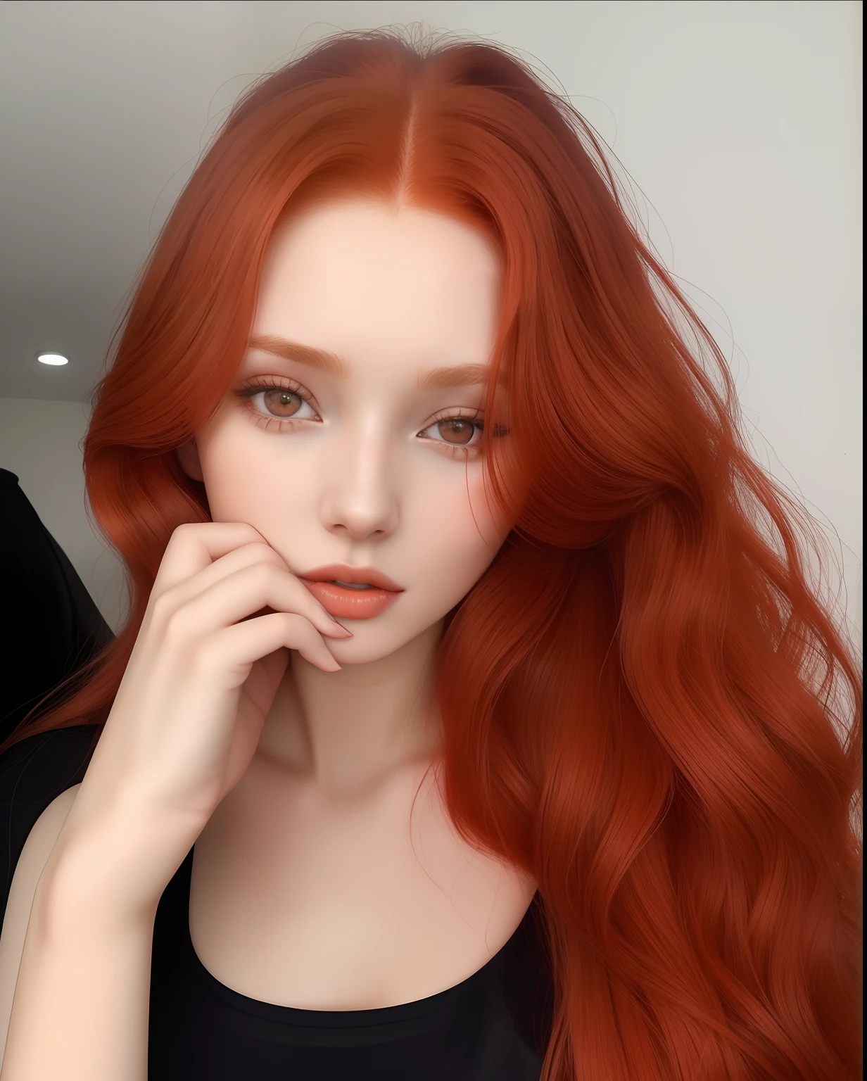 there is a woman with long red hair posing for a picture, russian girlfriend, anna nikonova aka newmilky, redhead girl, dasha taran, yelena belova, red head, smooth red skin, 18 years old, ginger wavy hair, angelina stroganova, brown-red-hair pretty face, ๐คค girl portrait, anastasia ovchinnikova