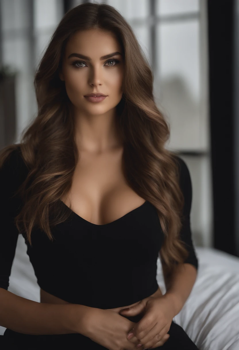 Arafed woman with black clothes, fille sexy aux yeux bruns, Portrait Madelyn Cline, cheveux blonds et grands yeux, selfie of a young woman, Yeux de chambre, Violet Myers, sans maquillage, maquillage naturel, looking straight at camera, Visage avec Artgram, Maquillage subtil, Superbe photo du corps entier, dans la chambre, clivage, oversized breasts
