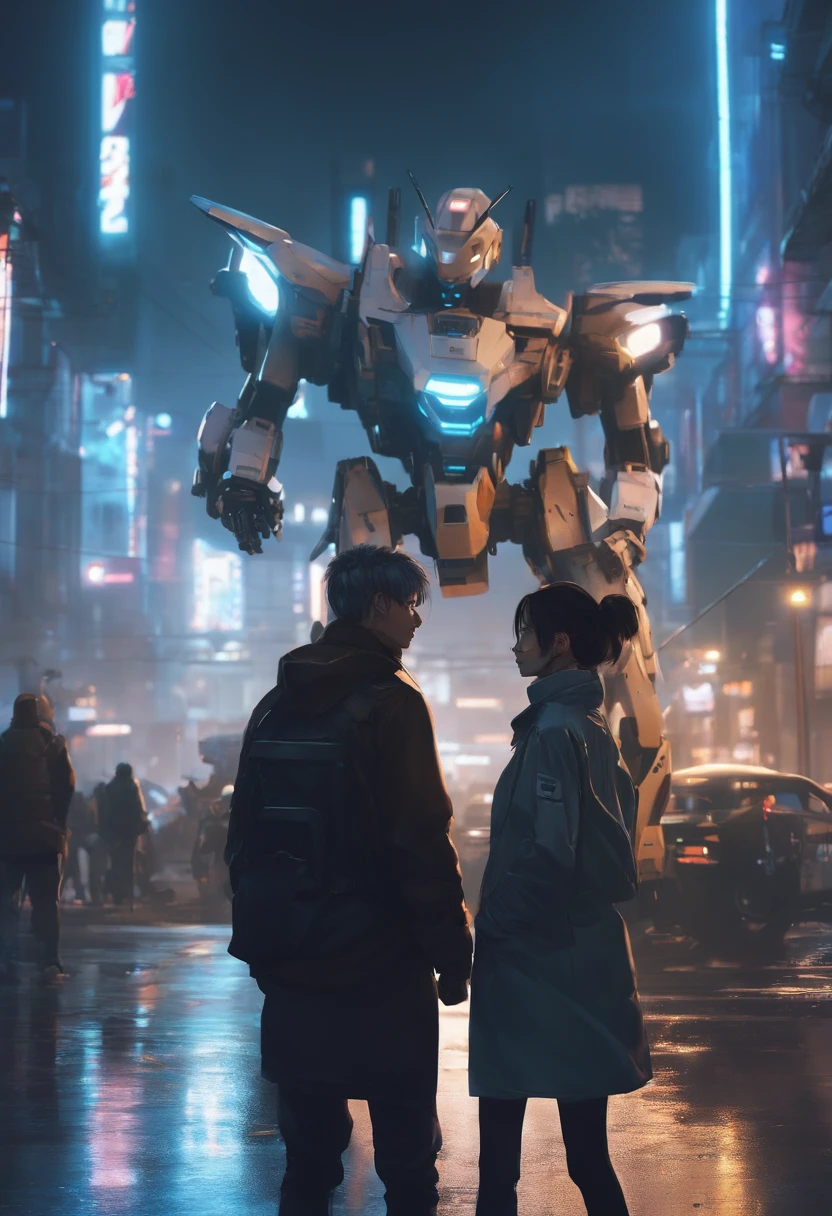 Anime scene of two people in the city with a robot, Digital Cyberpunk Anime Art, 动漫赛博朋克艺术, Cyberpunk anime girl mecha, cyberpunk anime art, modern cyberpunk anime, digital cyberpunk - anime art, Anime Mecha Aesthetics, badass anime 8 K, best anime 4k konachan wallpaper, mecha asthetic, anime cyberpunk, anime style 4 k