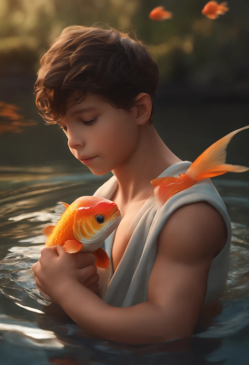 qualidade de imagem do filme,Disney Animation Style,A boy swims in the sea with a koi in his arms,cabelo curto e detalhado,Denim suspenders,Bare feet,profundidade de campos,Luz alta,luz real,Traching de raias,oc renderizado,hyper-realistic,melhor qualidade,8k,Obras de mestres,super-fino,pelos pubianos detalhados,anatomia correta,sharp focus on eyes,Bokeh,Facial features are carefully described