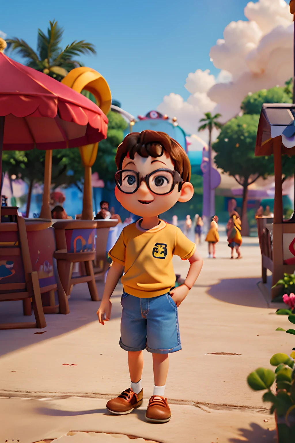 a 3d pixar disney style movie poster with a happy 3y.o boy wearing glasses.