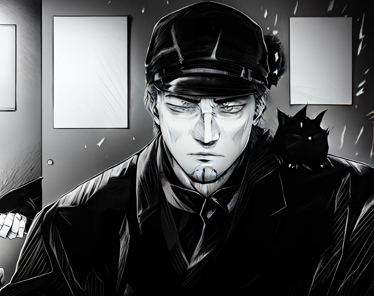 anime character with a hat and a tie in a room, kentaro miura manga style, kentaro miura manga art style, manga style of kentaro miura, black and white manga panel, tanjiro kamado, breaking bad as a manga, katsuhiro otomo style, katsuhiro, takehiko inoue, black and white manga page