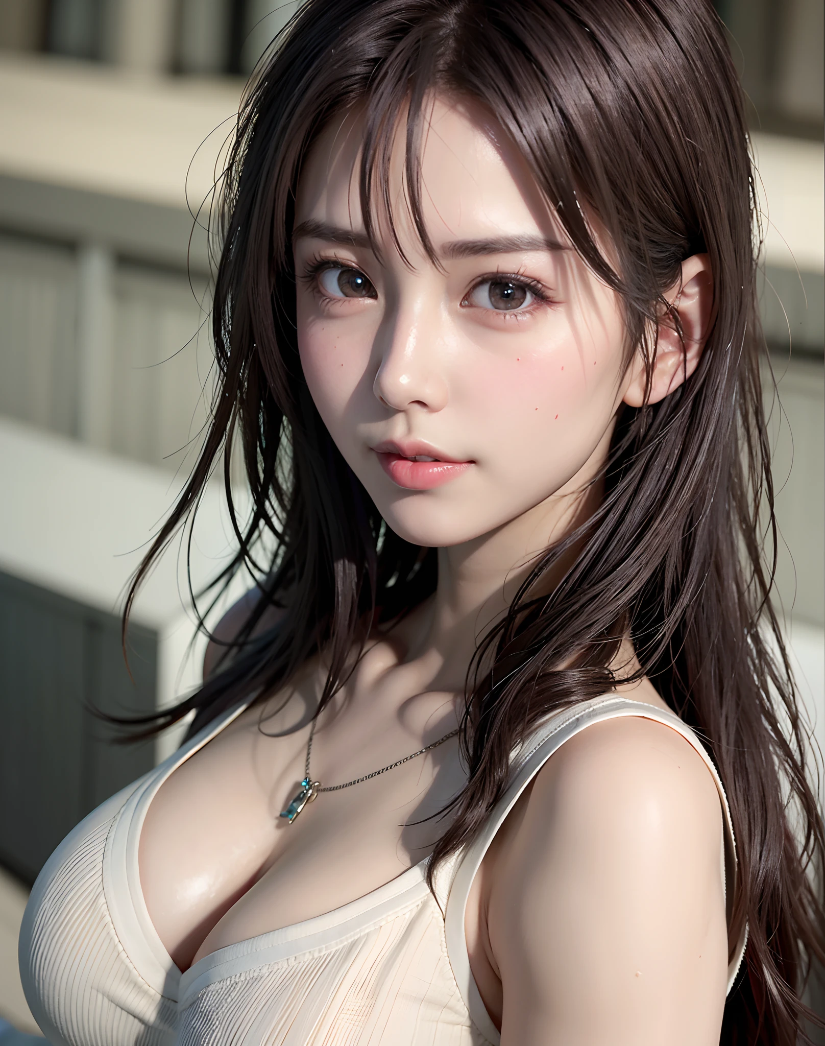 (in 8K, top-quality, ​masterpiece:1.2), (realisitic, Photorealsitic:1.37), ultra-detailliert, Natural sunlight, mideum breasts, I can see the cleavage, 1 persons, 25 year old woman, Dark hair, Pendants, Torn shorts, Light Knit V-Neck Shirt, At the time of performance, extremely detailed face and skin, A detailed eye, extremely detailed face and skin