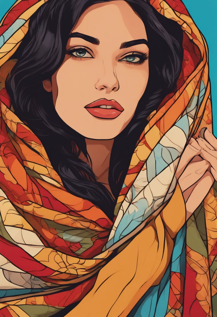 Close up professional photo of young woman wrapped in colorful warm quilt, cel shading, bold outline, flat-colors, sharp shadows, graphic style, (manga influence:1.3), clean line drawings, striking visuals,comic strip