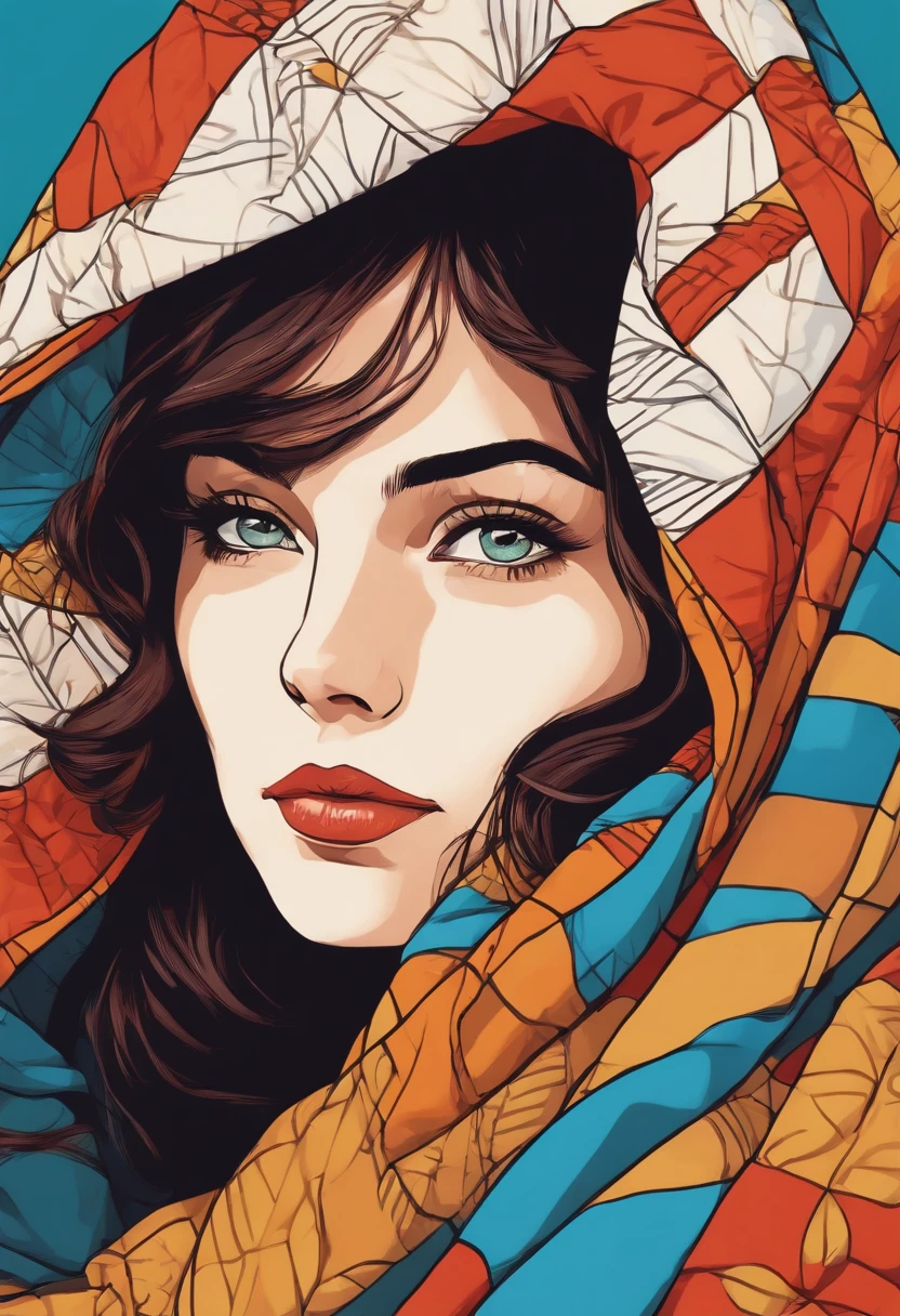 Close up professional photo of young woman wrapped in colorful warm quilt, cel shading, bold outline, flat-colors, sharp shadows, graphic style, (manga influence:1.3), clean line drawings, striking visuals,comic strip
