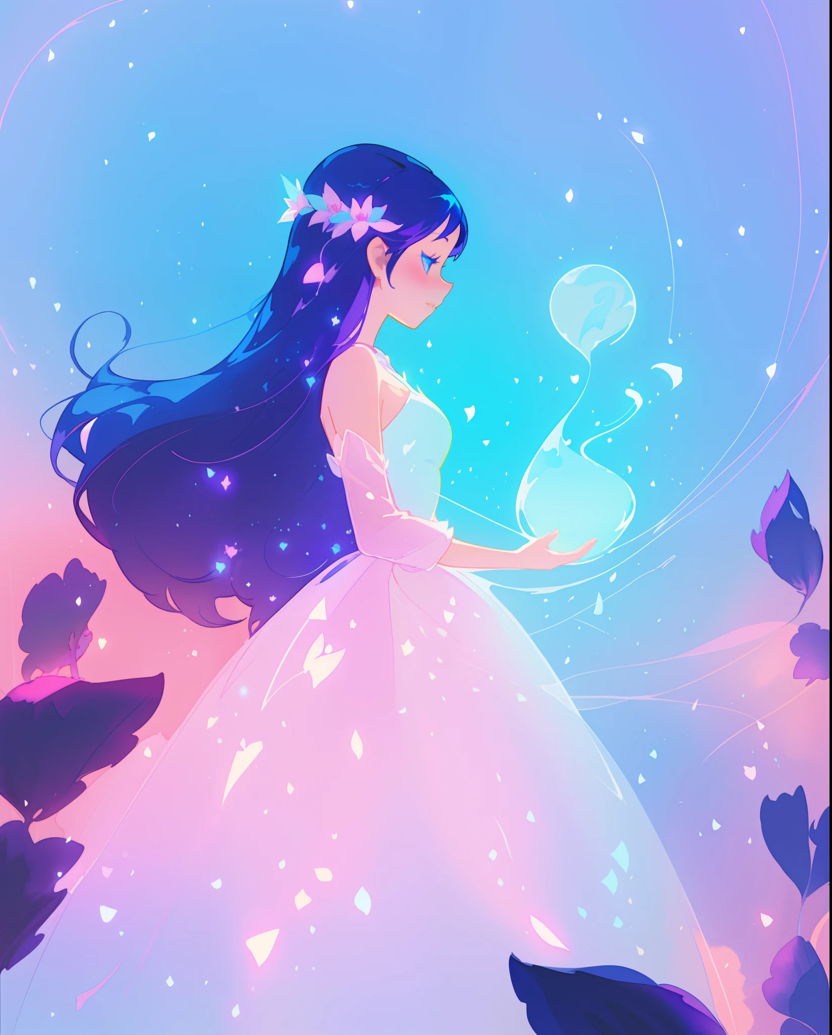 beautiful girl in puffy white ballgown, long dark hair, magical glowing blue lights, magical, whimsical, blue pink and purple colors, watercolor illustration, inspired by Glen Keane, inspired by Lois van Baarle, disney art style, by Lois van Baarle, glowing aura around her, by Glen Keane, jen bartel, glowing lights! digital painting, flowing glowing hair, glowing flowing hair, beautiful digital illustration, fantasia otherworldly landscape plants flowers, beautiful, masterpiece, best quality, anime disney style