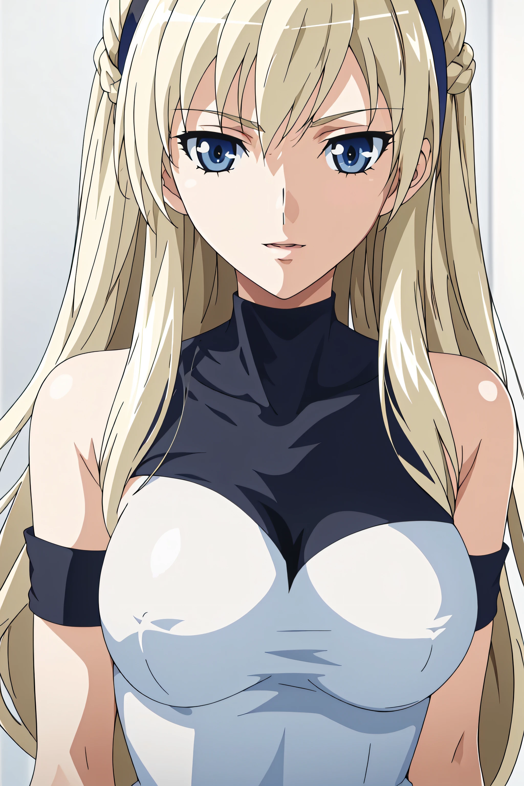 Simple White Background,Standing at attention,
choker, bare shoulders, black dress, two-sided dress, fingerless gloves, thigh boots
bangs,blonde hair,hair between eyes, hairband, long hair,Blue_Eyes,
1 girl, 20yo,Young female,Beautiful Finger,Beautiful long legs,Beautiful body,Beautiful Nose,Beautiful character design, perfect eyes, perfect face,expressive eyes,perfect balance,
looking at viewer,closed mouth, (innocent_big_eyes:1.0),Light_Smile,
NSFW,official art,extremely detailed CG unity 8k wallpaper, perfect lighting,Colorful, Bright_Front_face_Lighting, (masterpiece:1.0),(best_quality:1.0), ultra high res,4K,ultra-detailed, photography, 8K, HDR, highres, absurdres:1.2, Kodak portra 400, film grain, blurry background, bokeh:1.2, lens flare, (vibrant_color:1.2) (Beautiful,medium_Breasts:1.4), (beautiful_face:1.5),(narrow_waist),(perfect hands, perfect anatomy),