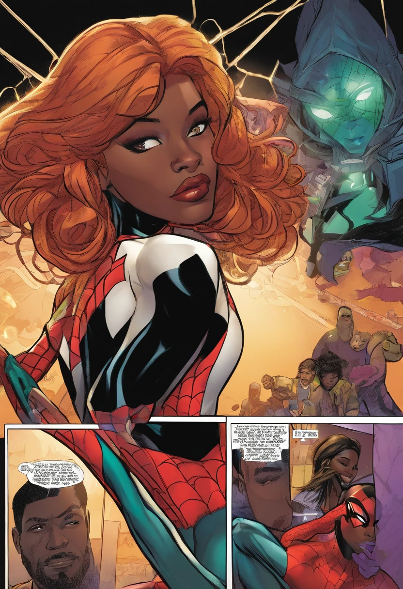 ( (Marvel Comic Panel ) ) a close up of a cute woman with a long blonde hair tied in a ponytail with and a purple and white spider man costume, Miles Morales, ( ( Spider-Woman ) ), Miles Morales!!!, Spider Woman, withe-skinned, nerdy black girl super hero, green eyes and white skin, Chris Bachalo, full body picture, Director: Ryan Stegman, dark skin, Spider-Woman!!!!!