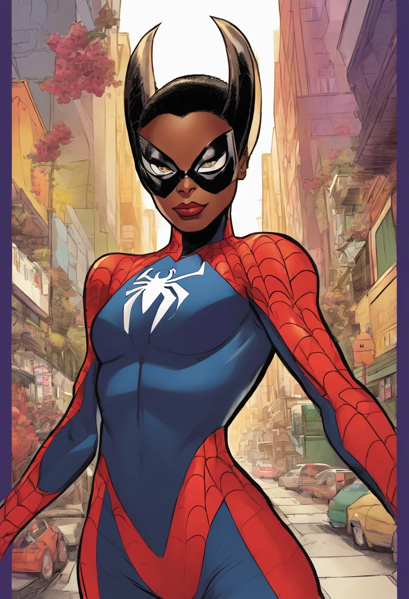( (Marvel Comic Panel ) ) a close up of a cute woman with a long blonde hair tied in a ponytail with and a purple and white spider man costume, Miles Morales, ( ( Spider-Woman ) ), Miles Morales!!!, Spider Woman, withe-skinned, nerdy black girl super hero, green eyes and white skin, Chris Bachalo, full body picture, Director: Ryan Stegman, dark skin, Spider-Woman!!!!!
