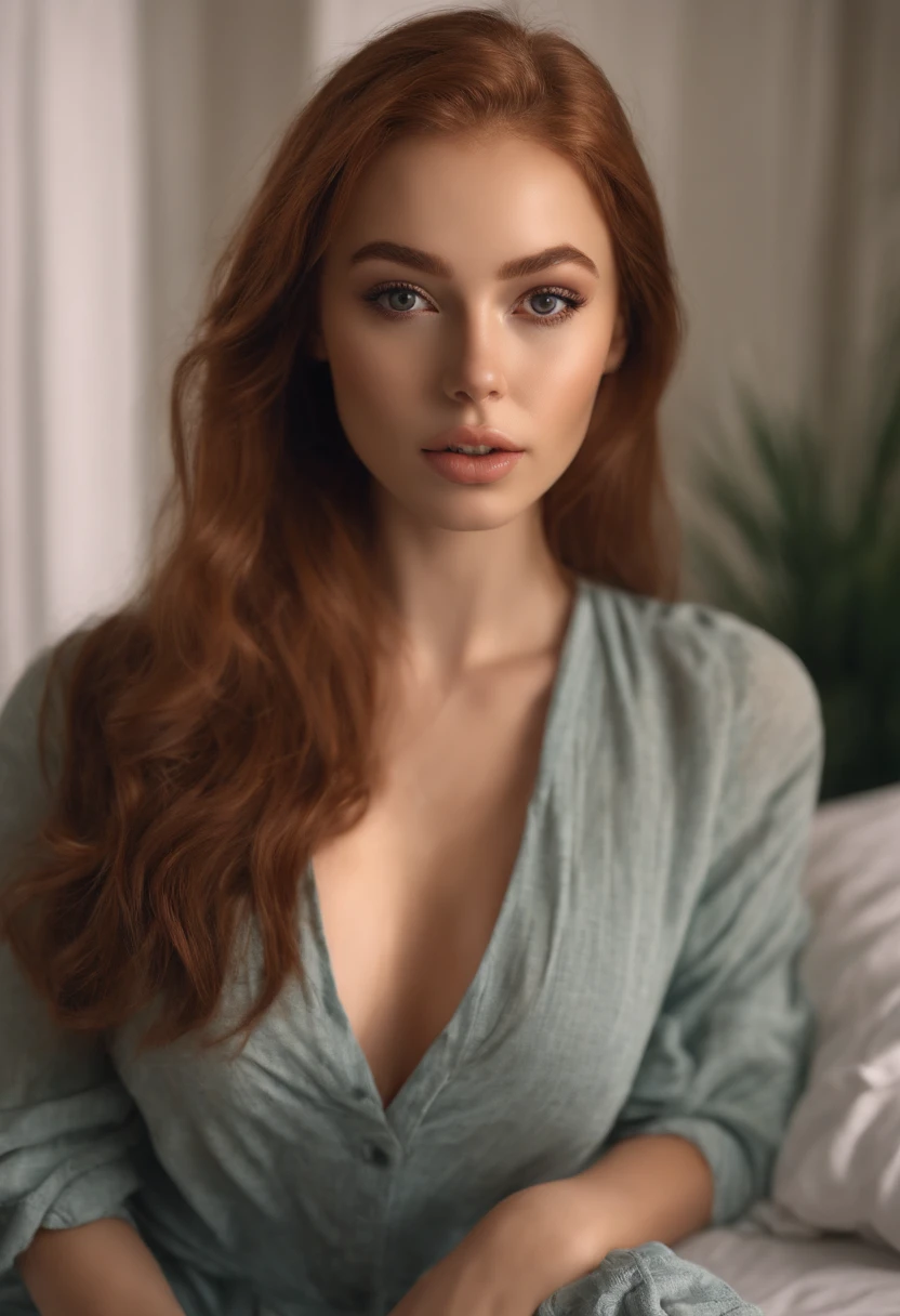 a girl with matching tank top and panties, Sexy girl with brown eyes, ginger caramel hair and large eyes, pale skin tone, big natutal boobs, Selfie of a young woman, eyes in the bedroom, without make-up, natural makeup, looking directly into the camera, subtle make-up, in the bedroom, cleavage [High Resolution, 8k, long shot, best quality camera lens, sony premium camera], 1girl, solo, (woman body : pale skin tone, hourglass body type, big natural boobs, perfect model face), (straightened hair, ginger caramel hair, sexy grey eyes, seductive look, detailed facial features, alluring face, a wide-angle waist-up portrait photo of 20 years old woman), realistic textured grey eyes, beautiful eyes, hyper detailed eyes, perfect fingers, beautiful fingers, matching colour fingernails, cinematic, (highly detailed skin:1.2), 8k uhd, dslr, soft lighting, high quality, [professional makeup for photoshoot]