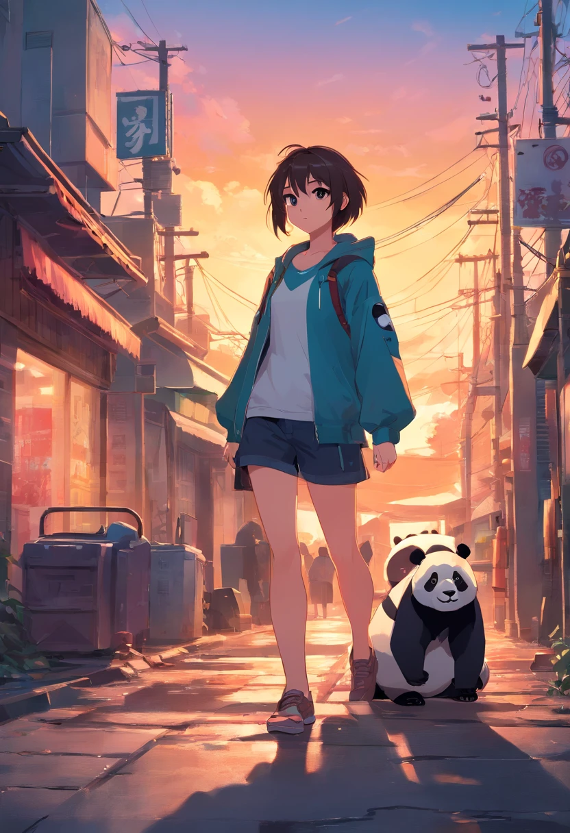 game poster,Panda Assassin,ruin background,The end is coming,Bodies were strewn across the ground,the setting sun
