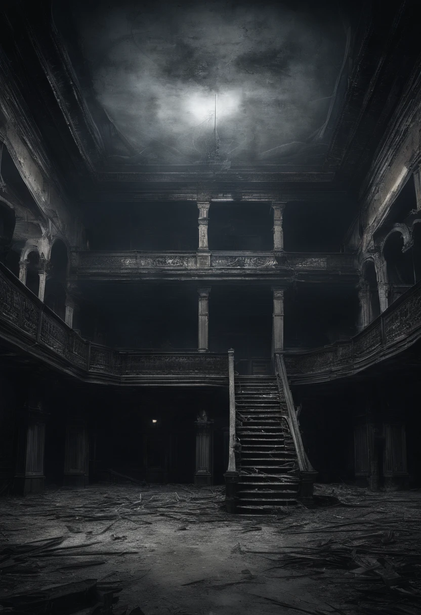 Illustrate the abandoned music hall at the edge of Discordia, shrouded in an eerie mist, with the ghostly glow emanating from within.