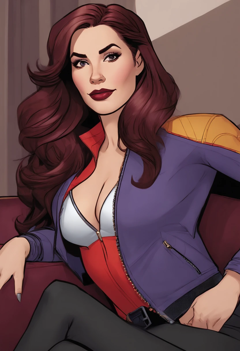 a cartoon of a woman with long hair sitting on a couch, kate bishop, in style of marvel, ( ( spiderwoman ) ), spider-gwen, spider - gwen, spider - verse art style, gwen stacy, in style of marvel and dc, spider woman, character profile art, inspired by Mary Jane Begin, marvel style, in the style artgerm