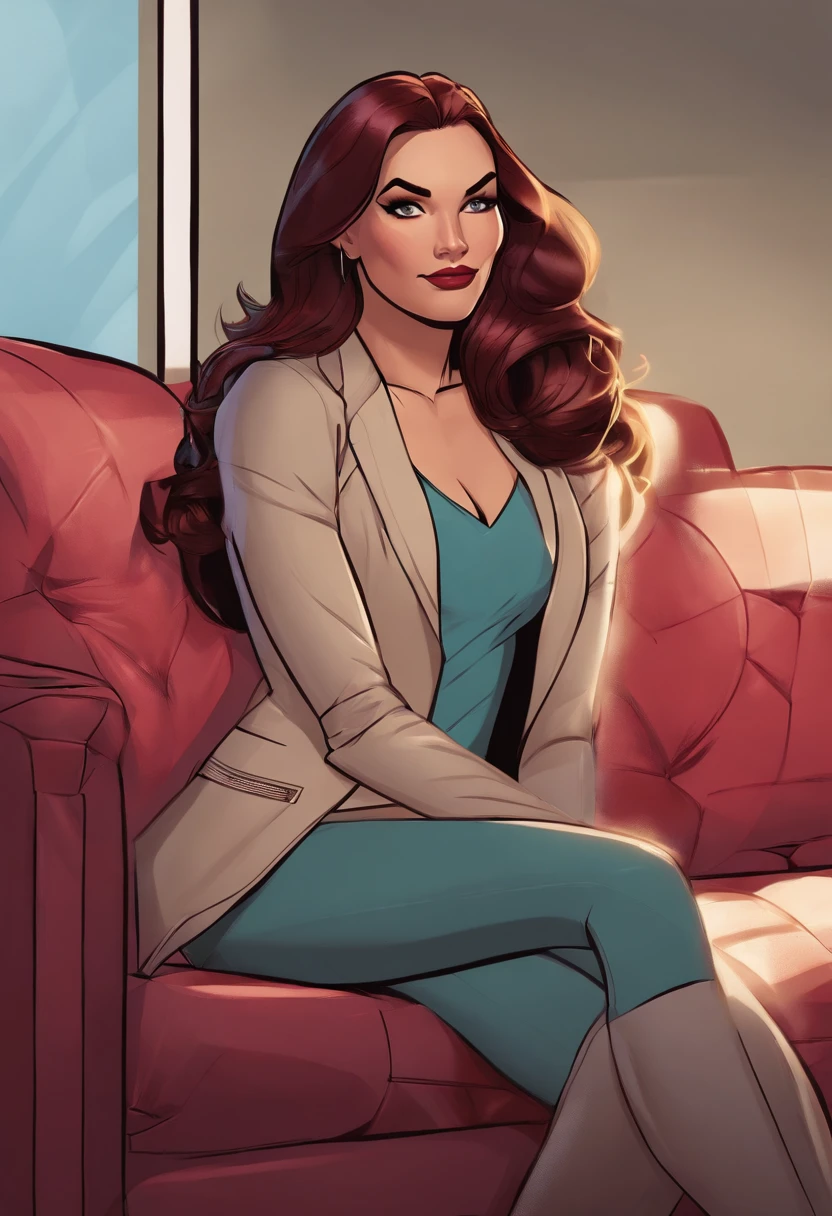 a cartoon of a woman with long hair sitting on a couch, kate bishop, in style of marvel, ( ( spiderwoman ) ), spider-gwen, spider - gwen, spider - verse art style, gwen stacy, in style of marvel and dc, spider woman, character profile art, inspired by Mary Jane Begin, marvel style, in the style artgerm