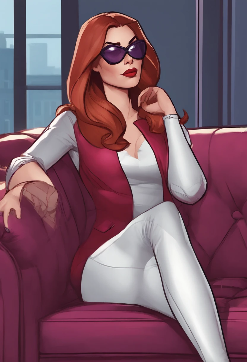 a cartoon of a woman with long hair sitting on a couch, kate bishop, in style of marvel, ( ( spiderwoman ) ), spider-gwen, spider - gwen, spider - verse art style, gwen stacy, in style of marvel and dc, spider woman, character profile art, inspired by Mary Jane Begin, marvel style, in the style artgerm