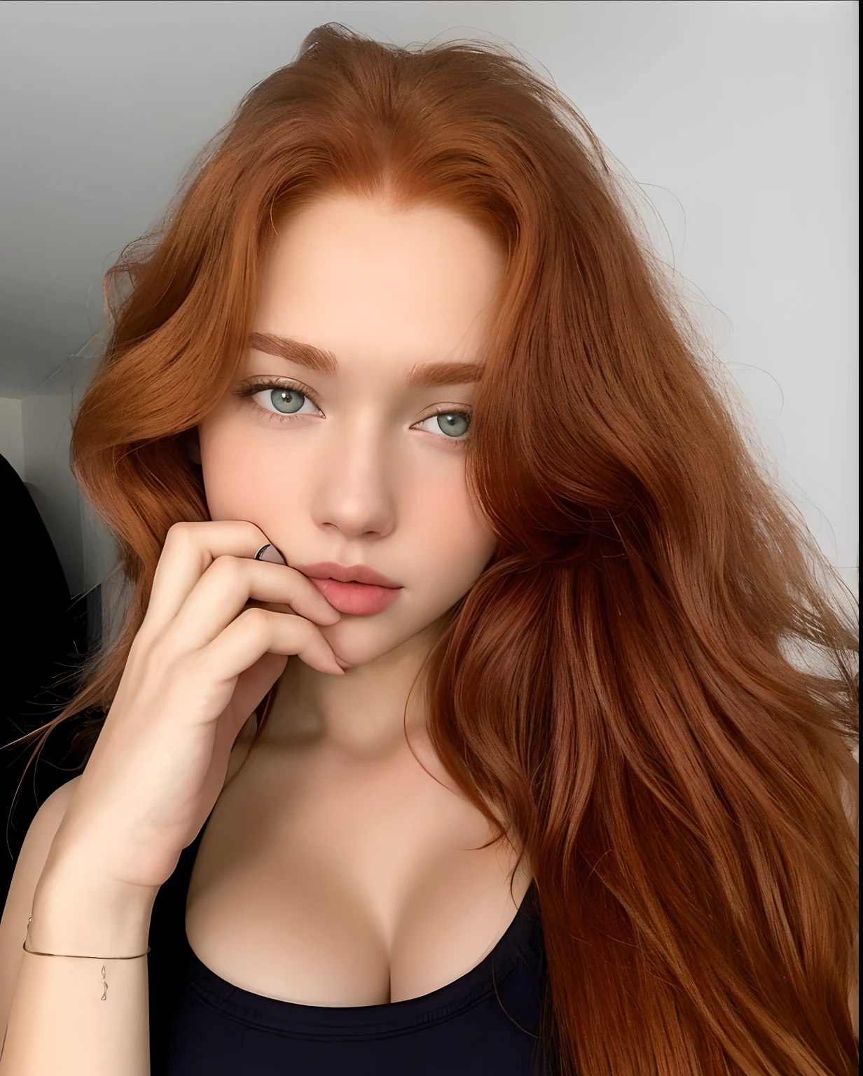 there is a woman with long red hair posing for a picture, russian girlfriend, anna nikonova aka newmilky, redhead girl, dasha taran, yelena belova, red head, smooth red skin, 18 years old, ginger wavy hair, angelina stroganova, brown-red-hair pretty face, red hair and attractive features