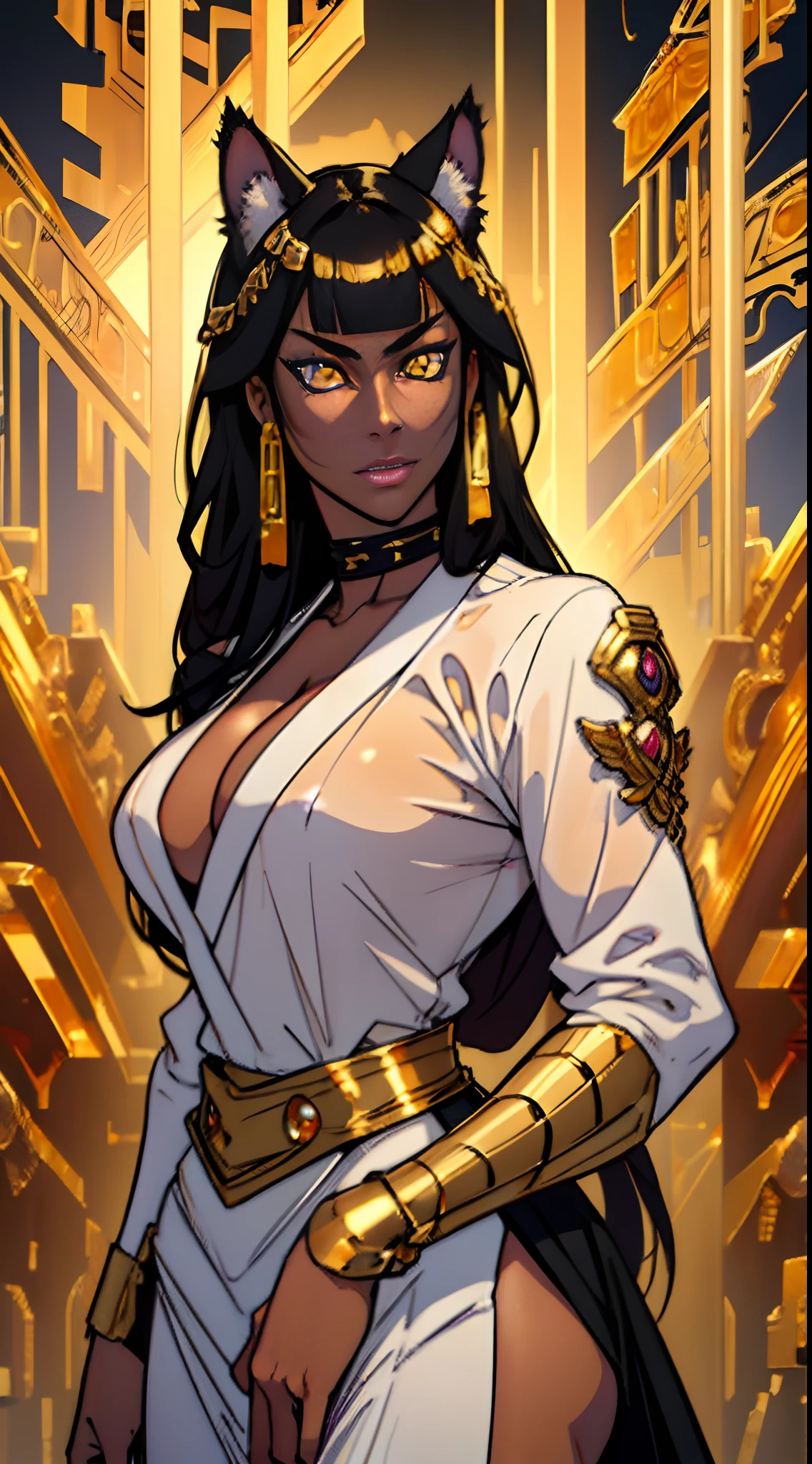 (masterpiece, best quality, cinematic), Hyper realistic super detailed sexy Blake, highly detailed, intricate, professional art, digital art, 8K, blake belladonna, (african woman: 2.3), (dark skin: 2.8), front view, sexy woman, huge breasts, (Japanese styled background, island:1.15), mountain, animal eyes, cat ears, big ass, black hair, long hair, blunt bangs, lipstick, (purple makeup:1.1), outdoors, character jogging, black eyeshadow, detailed hair, ultra detailed face, yellow eyes, perfect eyes, beautiful eyes, amber eyes, (golden eyes:1.9), detailed eyes, perfect face, (very dark skin: 1.8), african woman, (african woman: 2.1), very dark skin character, (very dark skin: 3.2), (tail:0), (japanese clothes:0.6), night-gown, thin-clothes, (see-through clothes: 1.6) (hip vent:0.9), (bridal gauntlets:1.1), shrug (clothing), (young female, :1.1, black woman: 2.4), Large Breasts, cleavage, (fit body: 1.1) Black and white outfit, (THEPIT styled eyes: 0), (devilhs styled eyes:1).