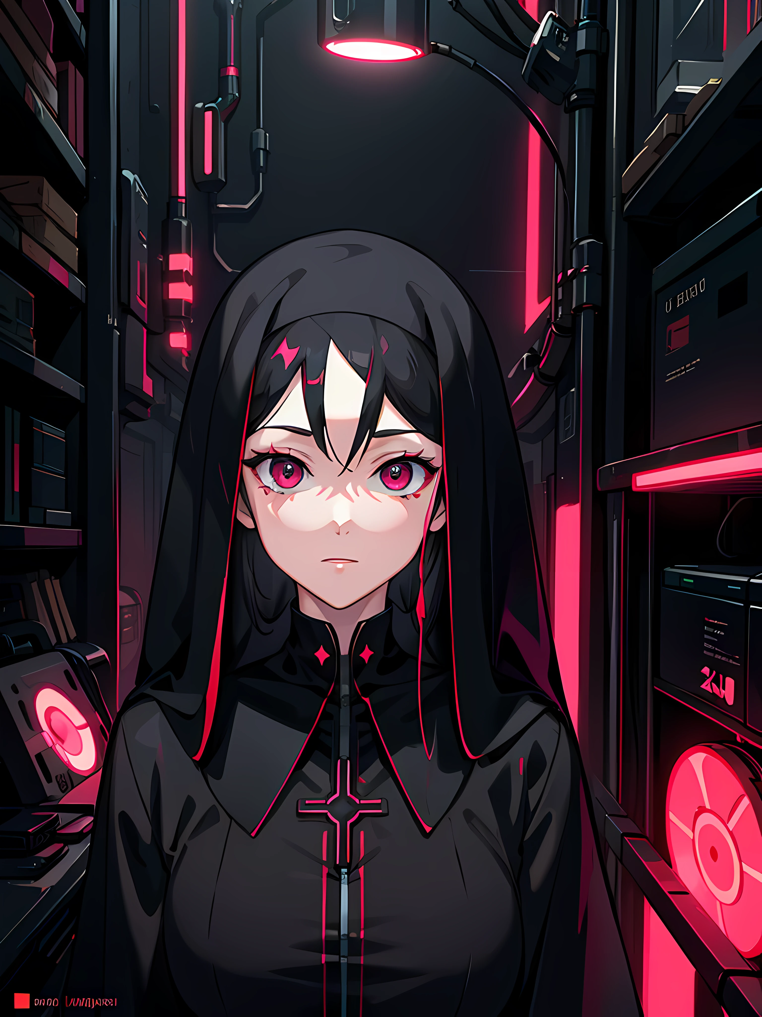 Cyberpunk nun, tech nun clothes, intricate details, 4k, neon light, neon red