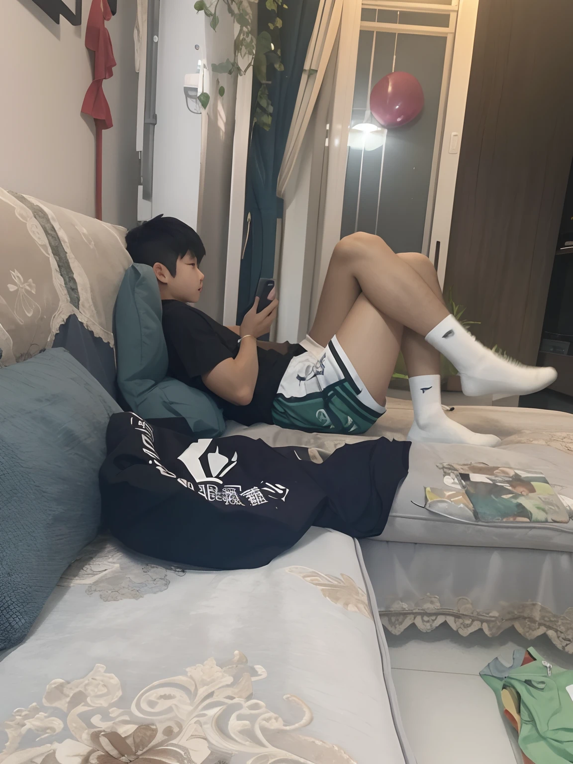 A boy lying on a couch playing with his phone，黑t shirt，green shorts