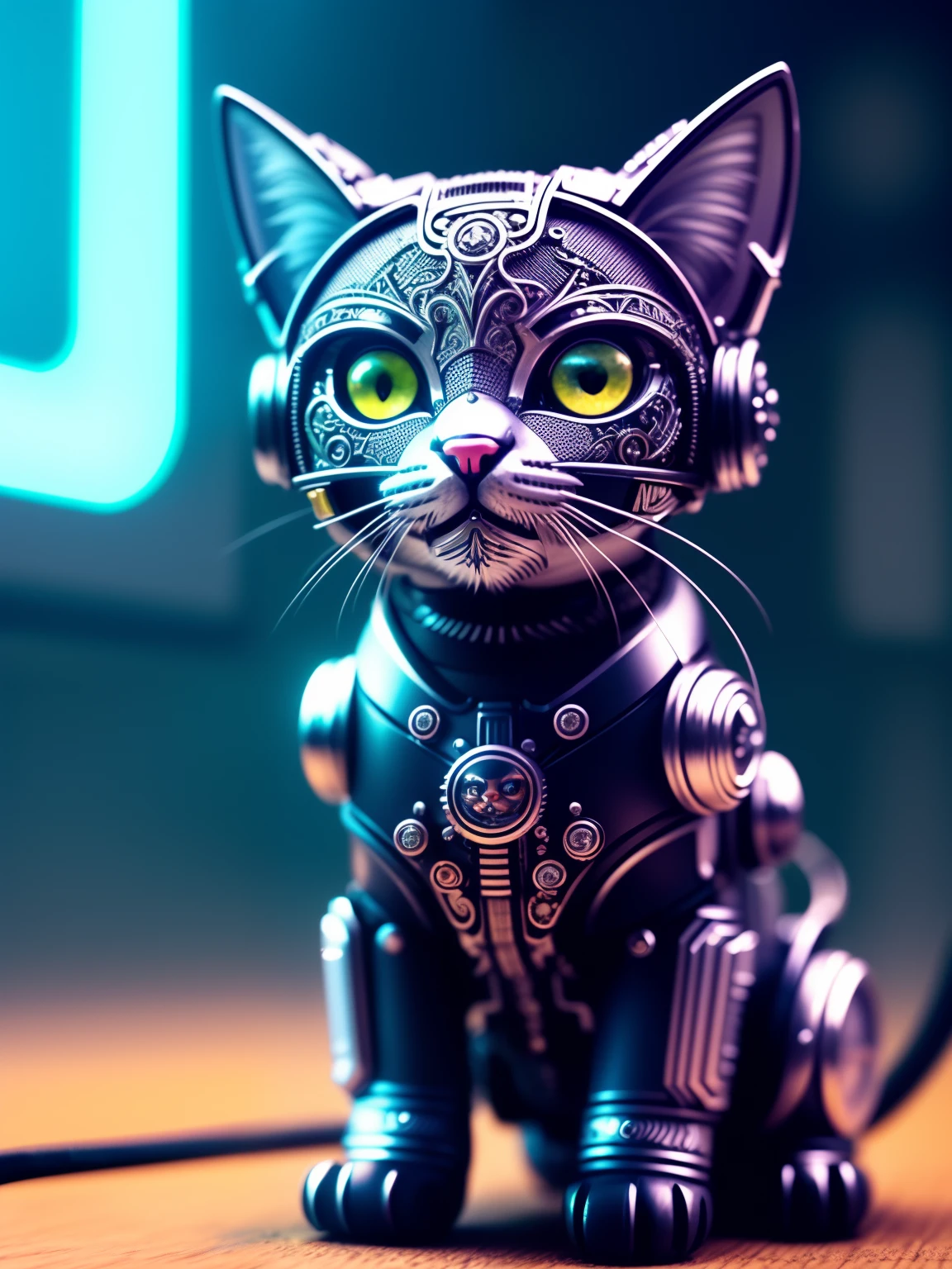 a cute kitten made out of metal, cyborg, cyberpunk style, ((intricate details)), hdr, ((intricate details, hyperdetailed)), cinematic shot, vignette