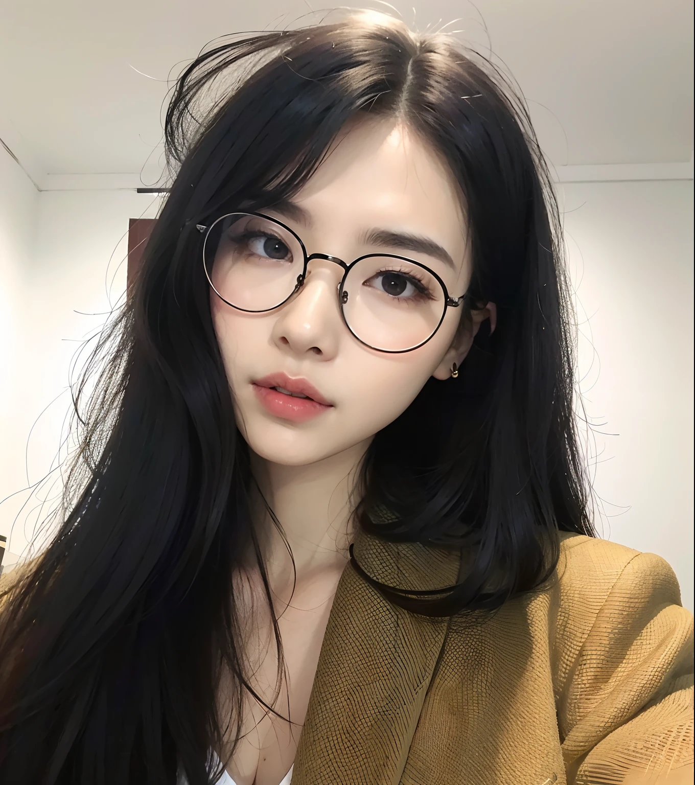 There's a woman with glasses and a jacket posing for a photo, wavy long black hair and glasses, Ulzzang, girl wearing round glasses, With eye Glasses, wearing thin large round glasses, Round Eyewear, girl with glasses, wearing small round glasses, grandes copos redondos, Vidros redondos finos, with square glasses, wearing round glasses, glasses, wearing black frame glasses