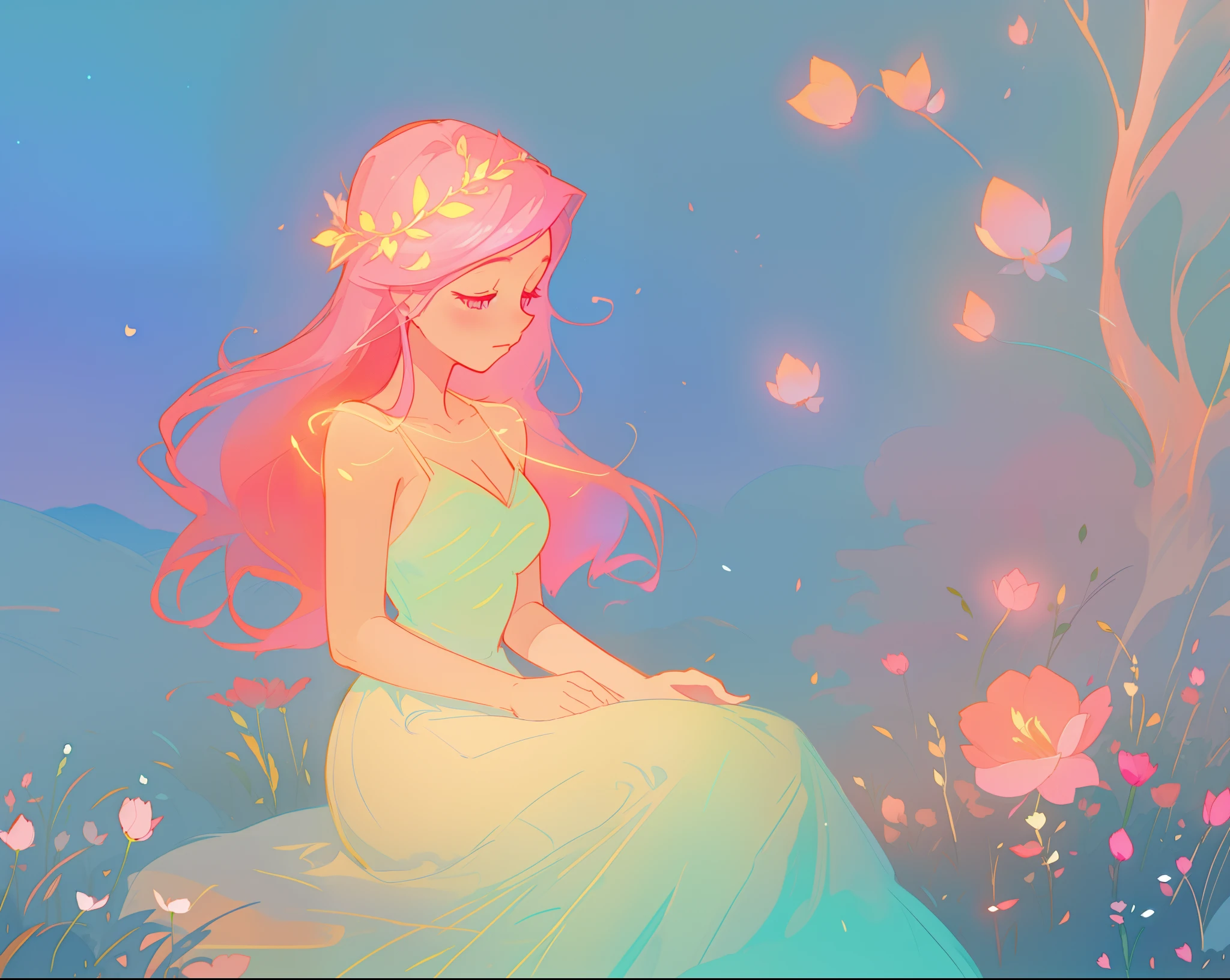 beautiful girl in white dress, fairy dress, beautiful girl sitting in a field with pink red flowers, glowing lights, whimsical landscape, long pink flowing hair, watercolor illustration, inspired by Glen Keane, inspired by Lois van Baarle, disney art style, by Lois van Baarle, glowing aura around her, by Glen Keane, jen bartel, glowing lights! digital painting, flowing glowing hair, glowing flowing hair, beautiful digital illustration, fantasia otherworldly landscape plants flowers, beautiful, masterpiece, best quality, anime disney style
