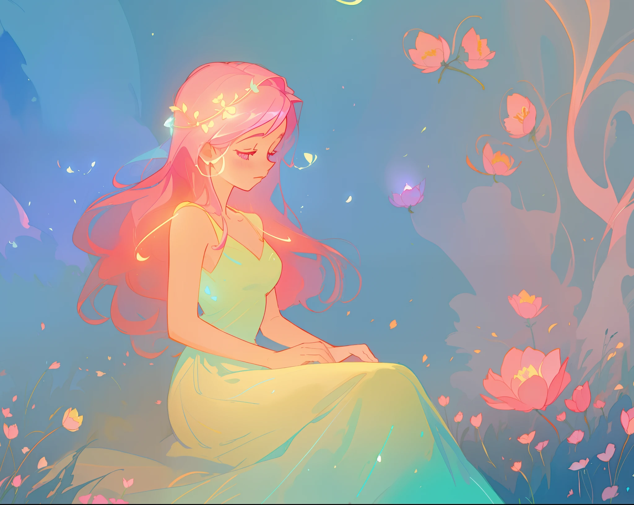 beautiful girl in white dress, fairy dress, beautiful girl sitting in a field with pink red flowers, glowing lights, whimsical landscape, long pink flowing hair, watercolor illustration, inspired by Glen Keane, inspired by Lois van Baarle, disney art style, by Lois van Baarle, glowing aura around her, by Glen Keane, jen bartel, glowing lights! digital painting, flowing glowing hair, glowing flowing hair, beautiful digital illustration, fantasia otherworldly landscape plants flowers, beautiful, masterpiece, best quality, anime disney style