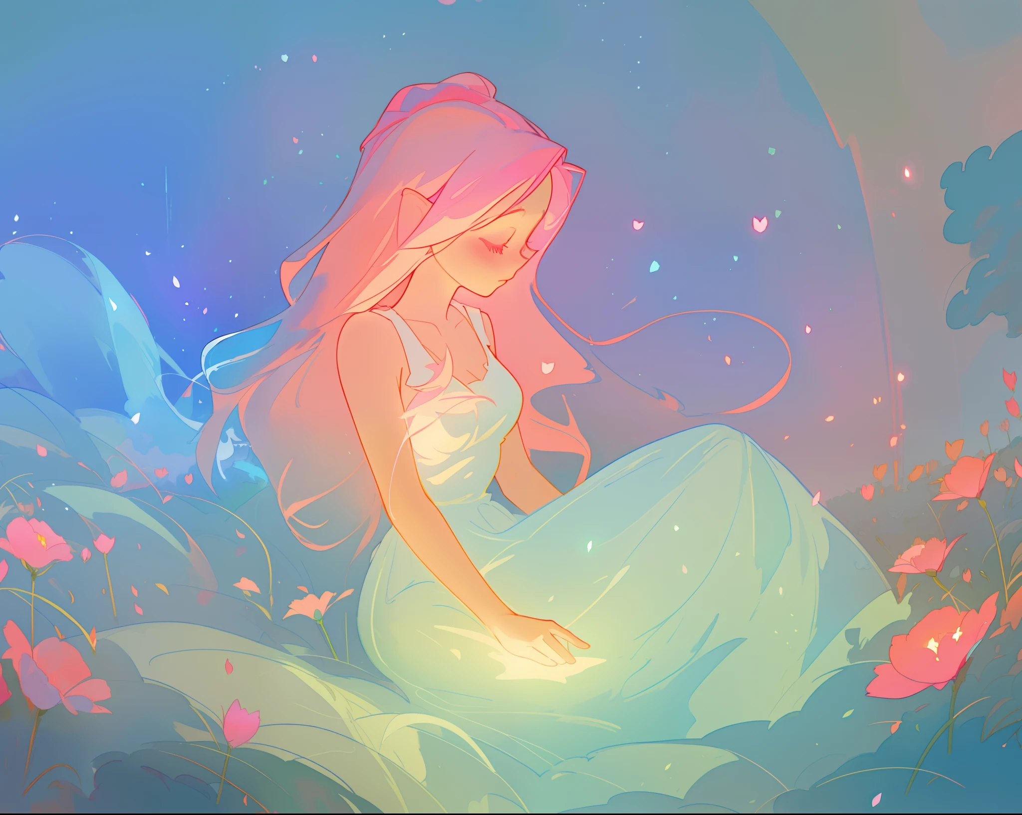 beautiful girl in white dress, fairy dress, beautiful girl sitting in a field with pink red flowers, glowing lights, whimsical landscape, long pink flowing hair, watercolor illustration, inspired by Glen Keane, inspired by Lois van Baarle, disney art style, by Lois van Baarle, glowing aura around her, by Glen Keane, jen bartel, glowing lights! digital painting, flowing glowing hair, glowing flowing hair, beautiful digital illustration, fantasia otherworldly landscape plants flowers, beautiful, masterpiece, best quality, anime disney style