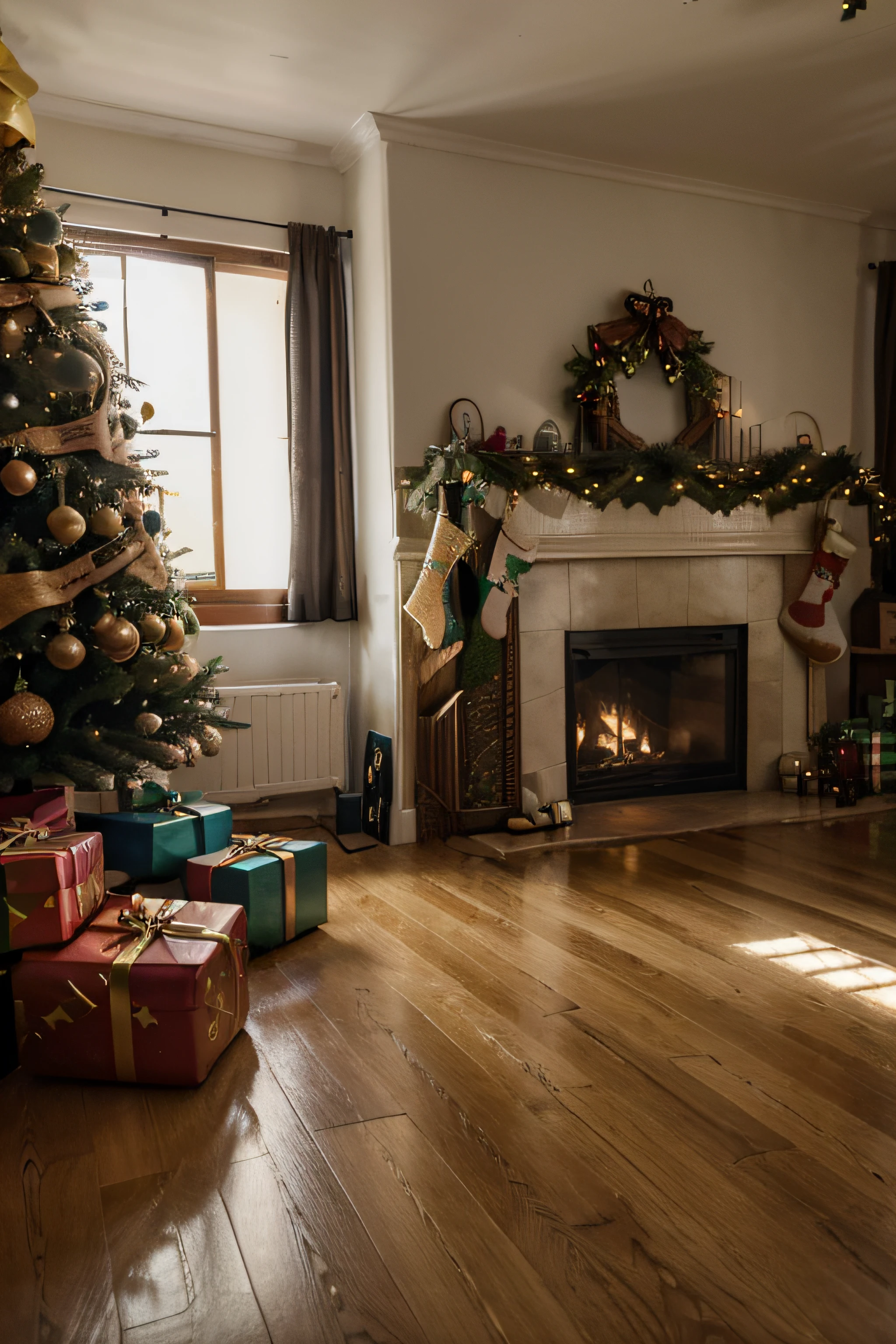 ((natal):1.5), {childrens}, segurando um presentes):1.3))), ((Inside a house in front of a chimney with a large Christmas tree next to it)), foto realista, 16k, alta resolução, decorated and with a shining star in the cinematic, studio illumination, advertising photography ((melhor qualidade, altos detalhes: 1.5), UHD, obra-prima