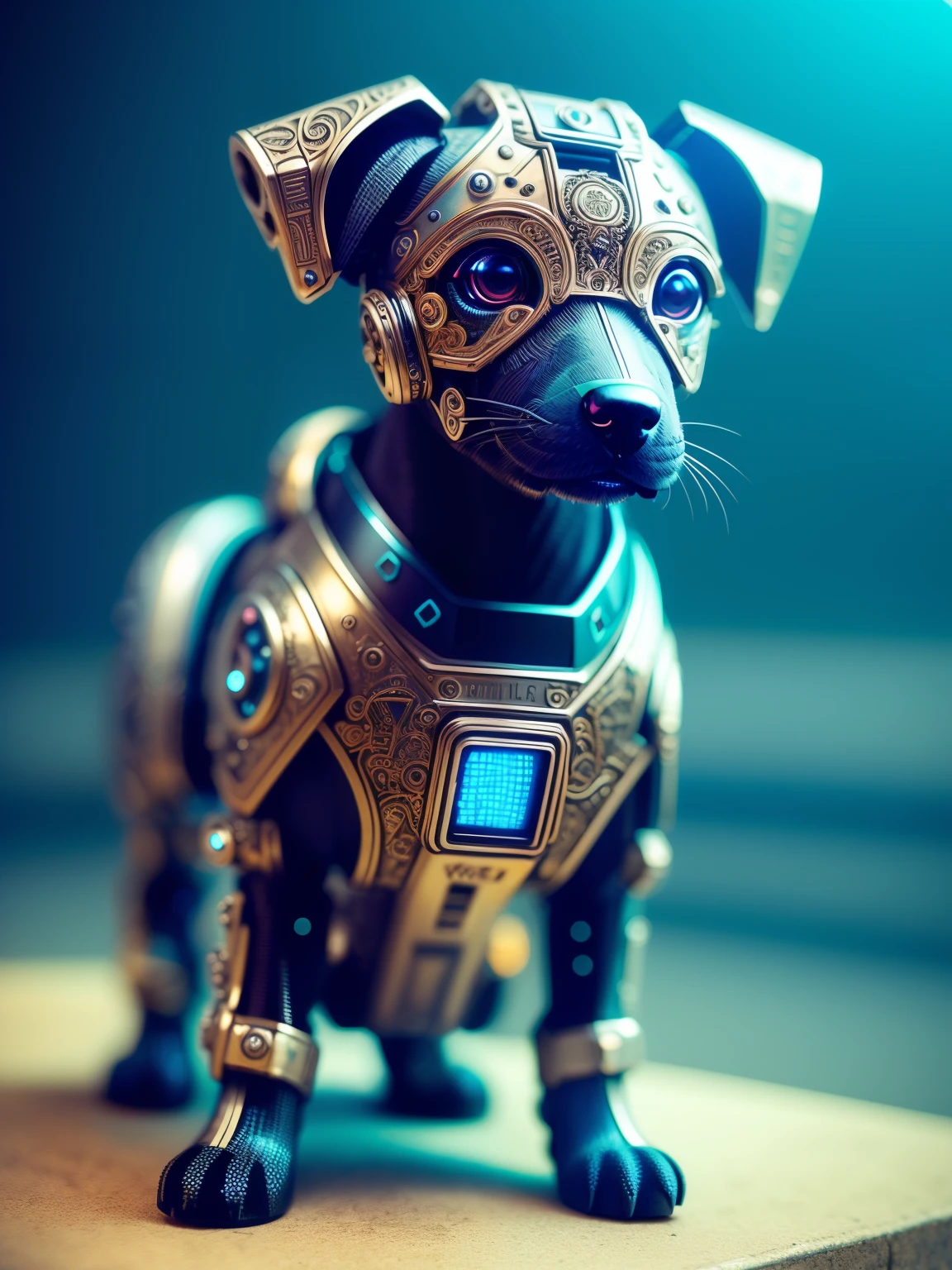 A cute puppy made of metal, cyborg, cyberpunk style, (((intricate details)), hdr, ((intricate details, hyperdetailed)), cinematic shot, vignette