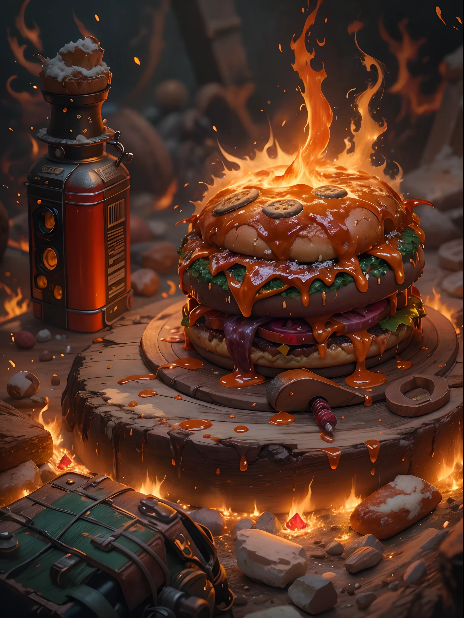 ((Best quality)) , ((Masterpiece)) , (Detailed) ,Lava cheeseburger close-up, （Surrounded by flames：1.1），(Fantasy illustration:1.3),worldly, (Red theme:0.7) ,  It's an intricate detail, (It is inspired by dwarves:1.3),   Shallow depth of field, Hyper Real, Sad, Metalcore, Cyclic lighting, Circular polarizer, Three colors, RPG game concept art, icon style, (Pixabe:1.2), Digital SLR, 8K resolution